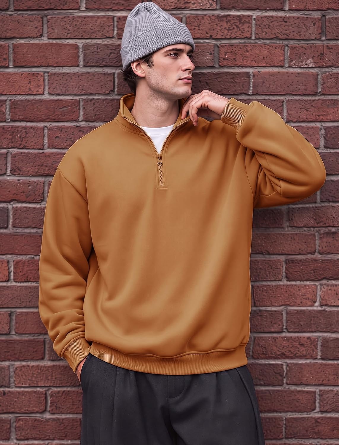 image:imageCOOFANDY Mens Quarter Zip Pullover Fleece Sweatshirt Casual Quilt SweaterLight Brown