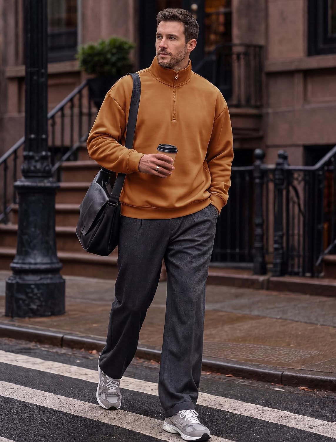 image:imageCOOFANDY Mens Quarter Zip Pullover Fleece Sweatshirt Casual Quilt SweaterLight Brown