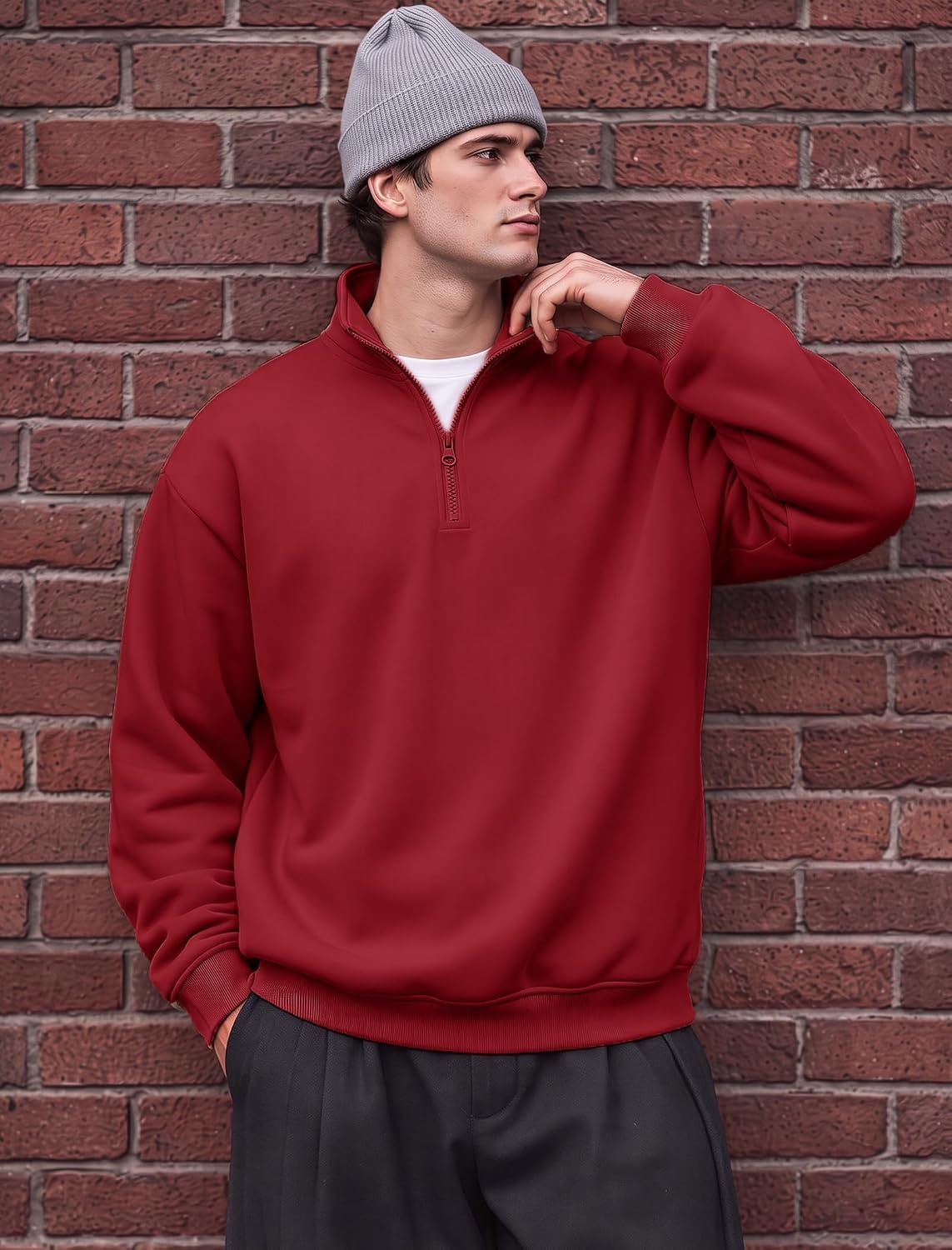 image:imageCOOFANDY Mens Quarter Zip Pullover Fleece Sweatshirt Casual Quilt SweaterWine Red