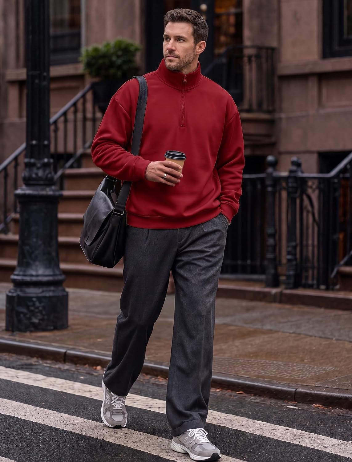 image:imageCOOFANDY Mens Quarter Zip Pullover Fleece Sweatshirt Casual Quilt SweaterWine Red