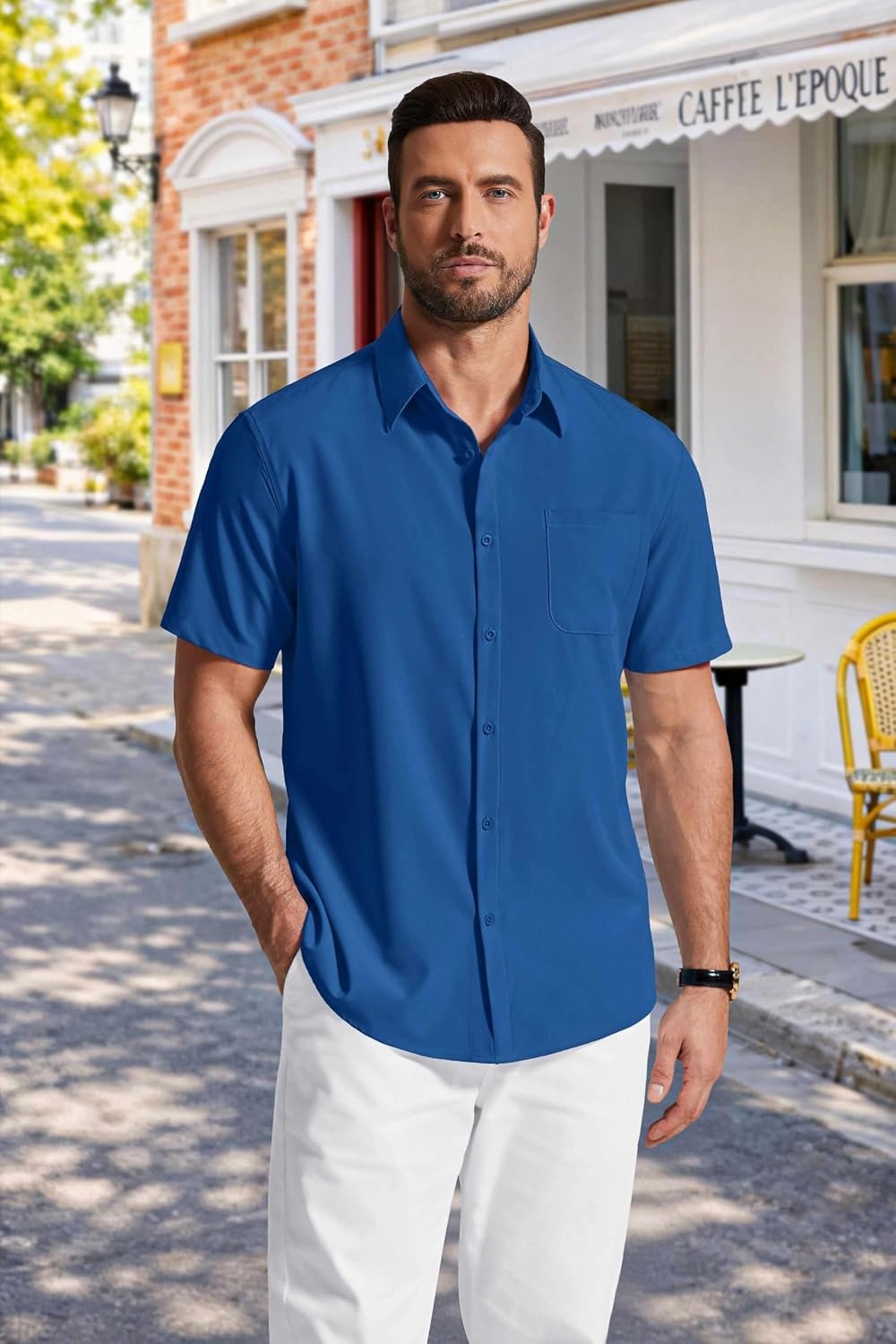 image:imageCOOFANDY Mens Short Sleeve Dress Shirts Wrinkle Free Casual Button Down Shirts with PocketRoyal Blue