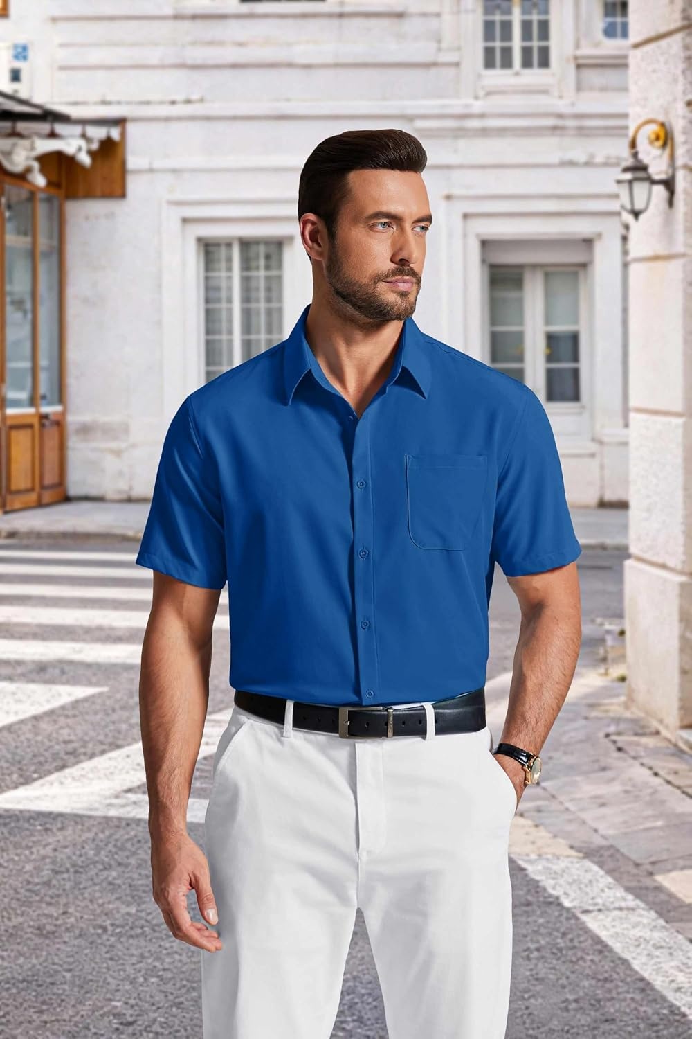 image:imageCOOFANDY Mens Short Sleeve Dress Shirts Wrinkle Free Casual Button Down Shirts with PocketRoyal Blue