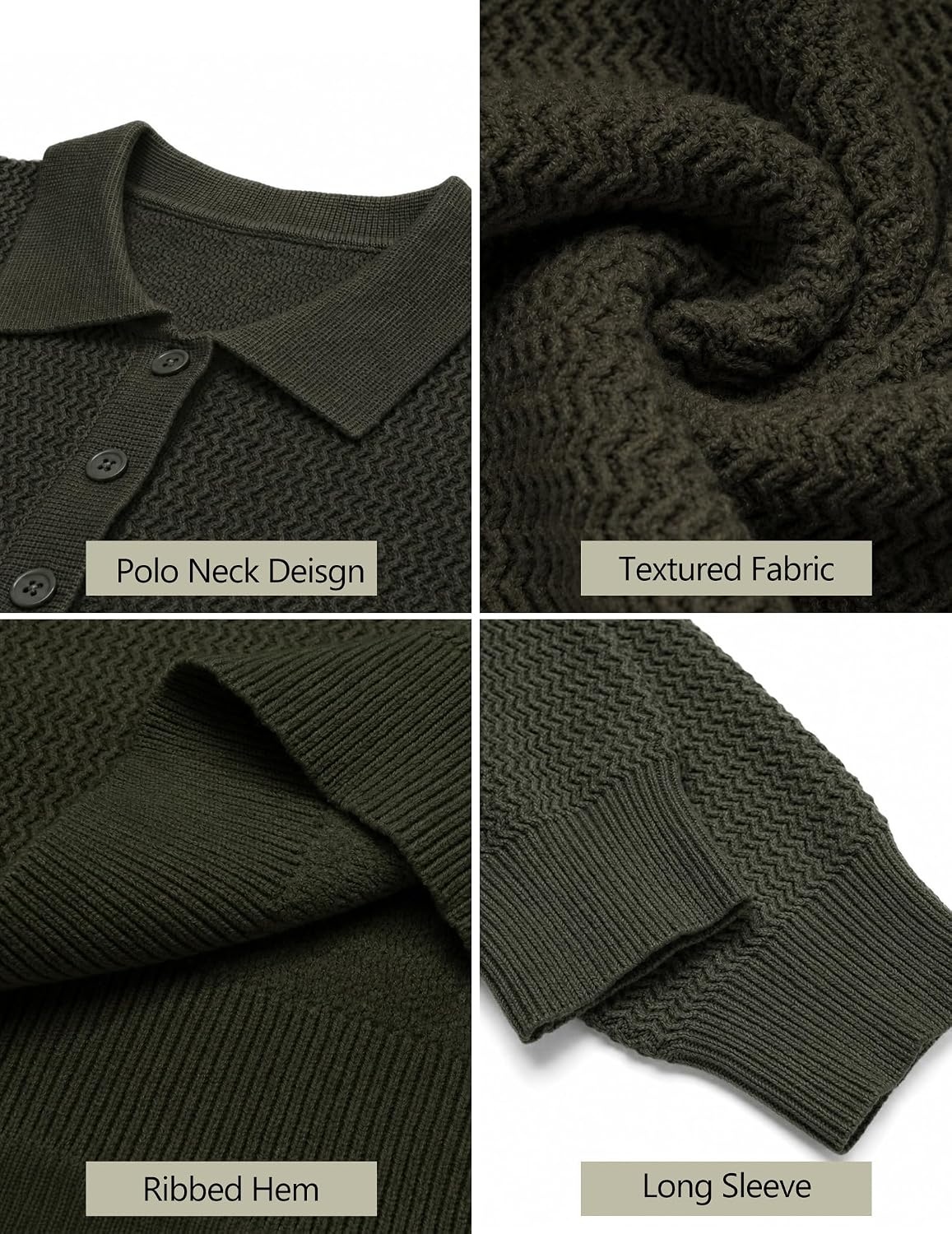 image:imageCOOFANDY Mens Sweater Long Sleeve Knitted Polo Textured Casual PulloverArmy Green