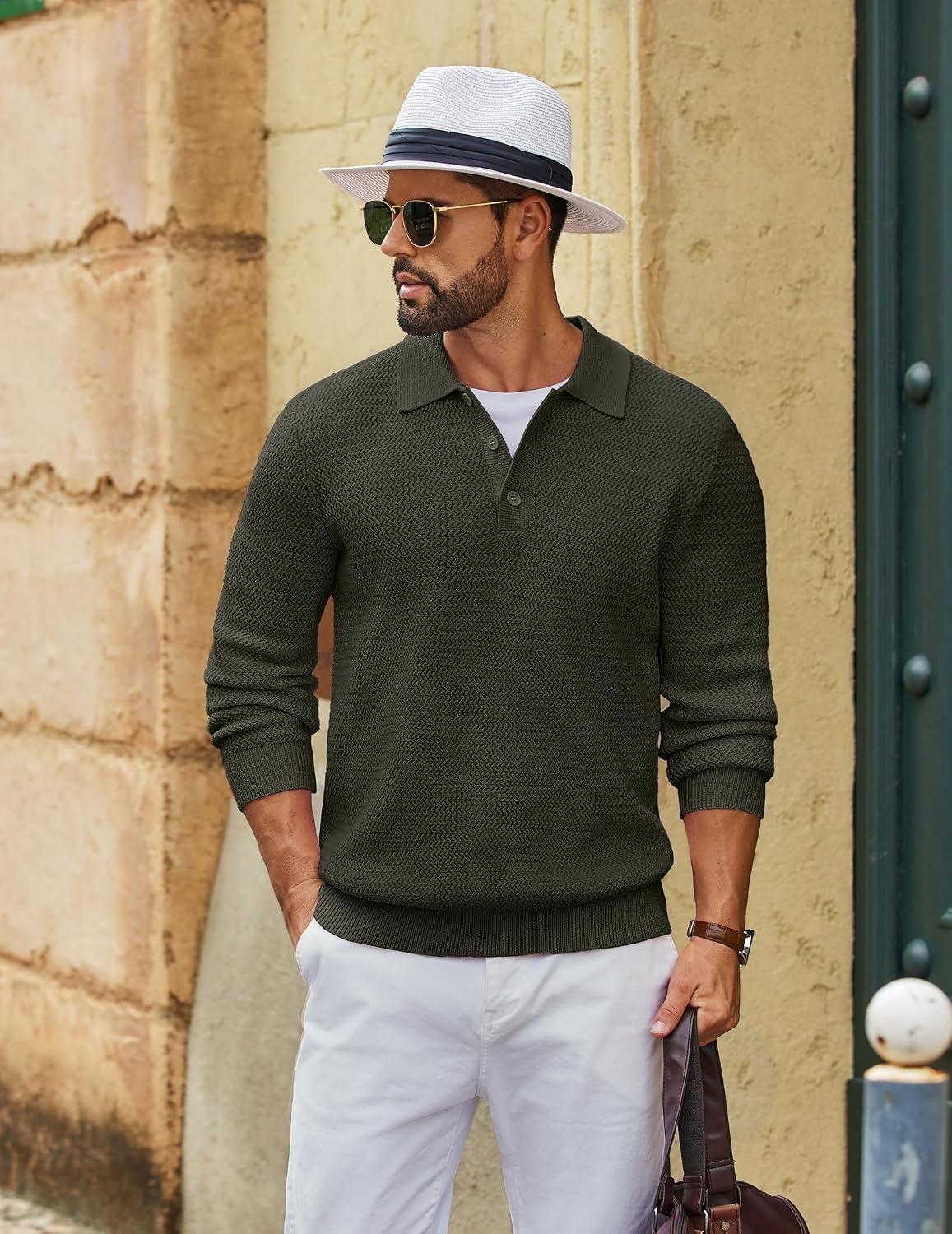image:imageCOOFANDY Mens Sweater Long Sleeve Knitted Polo Textured Casual PulloverArmy Green