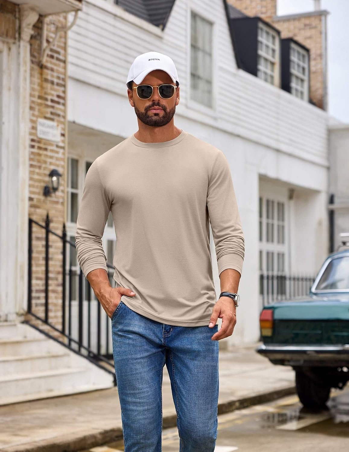 image:imageCOOFANDY Mens T Shirts Long Sleeve Cotton Blend TShirts Casual Crew Neck Soft Basic Tee ShirtsBlackBlue VioletLight Khaki 3 Pack