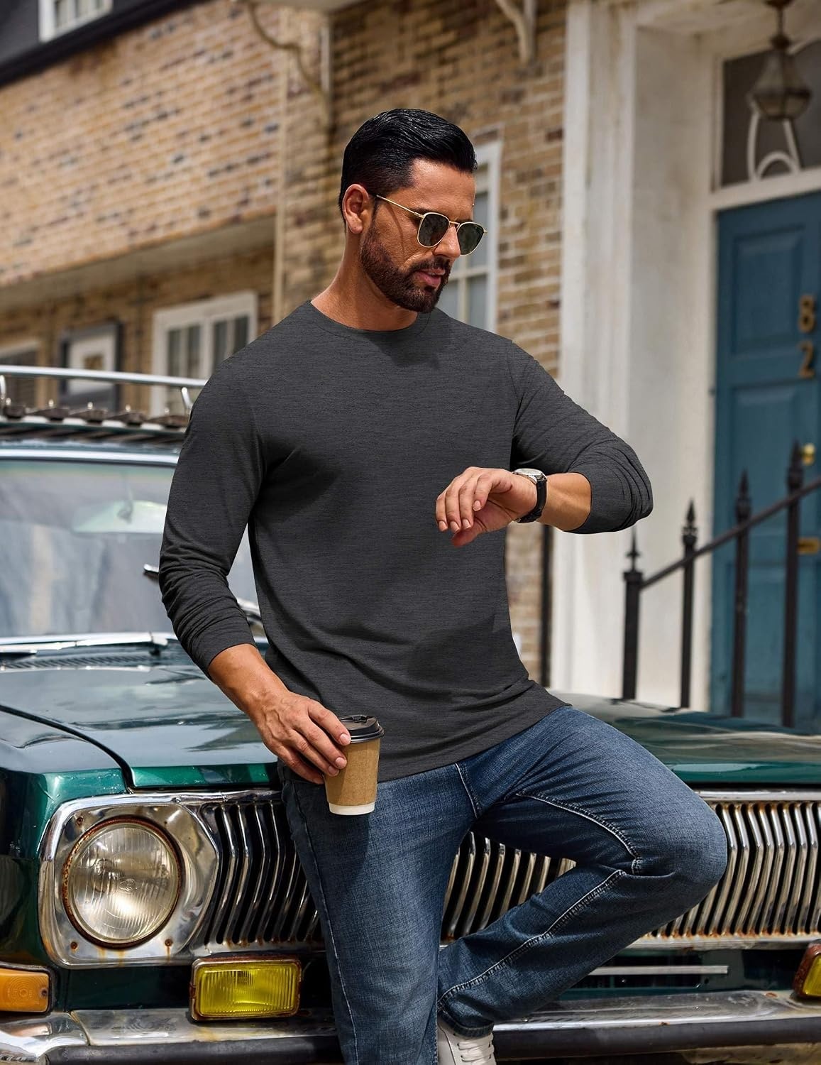image:imageCOOFANDY Mens T Shirts Long Sleeve Cotton Blend TShirts Casual Crew Neck Soft Basic Tee ShirtsBlackWhiteDark Gray 3 Pack