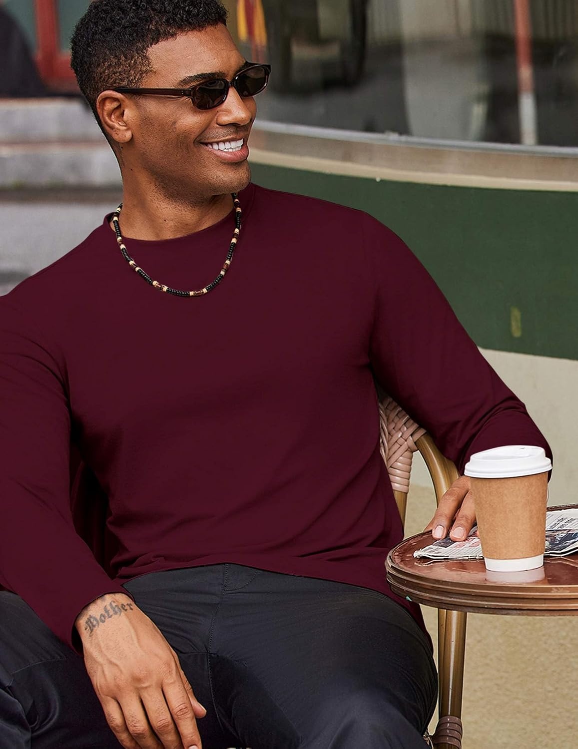 image:imageCOOFANDY Mens T Shirts Long Sleeve Cotton Blend TShirts Casual Crew Neck Soft Basic Tee ShirtsBurgundy