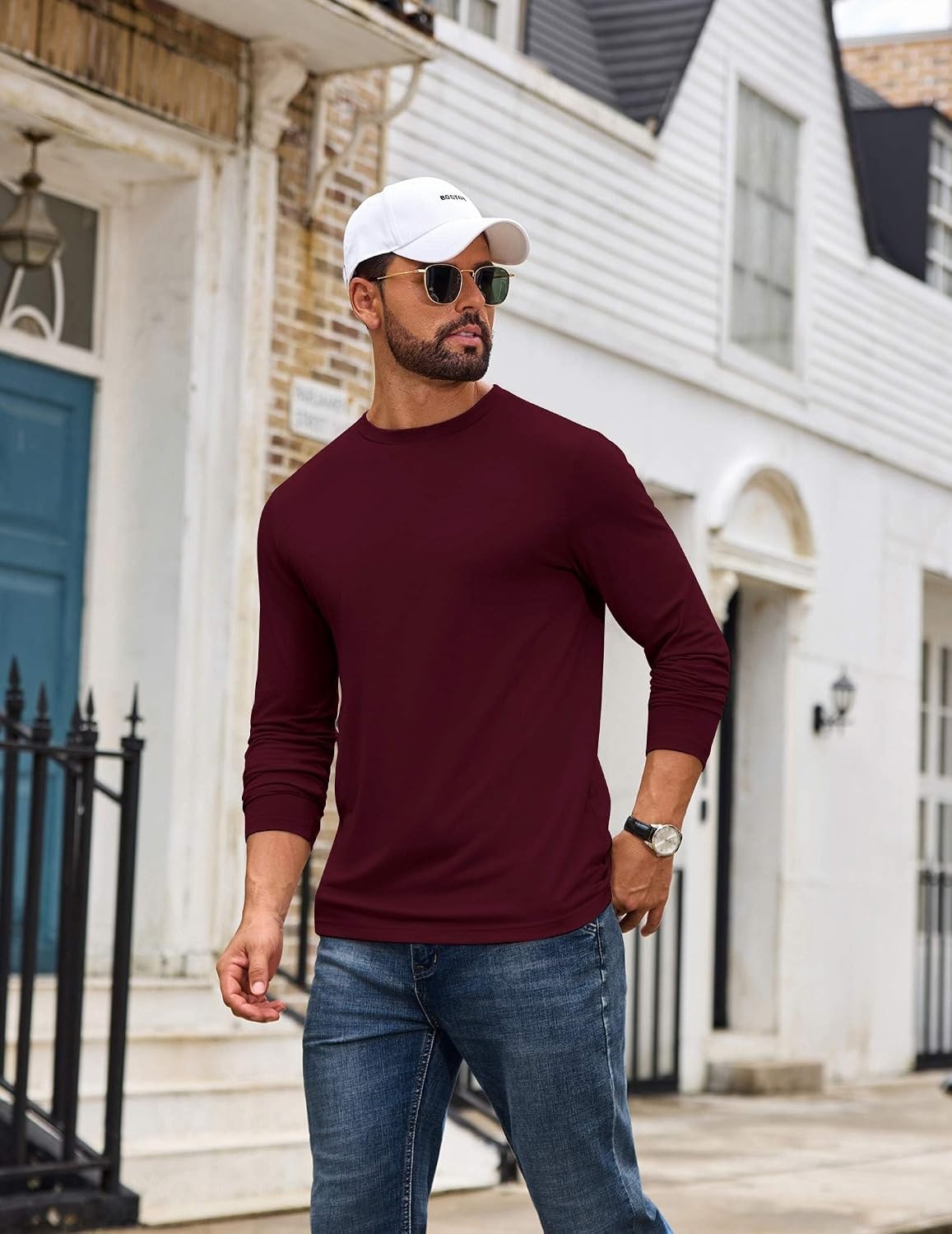 image:imageCOOFANDY Mens T Shirts Long Sleeve Cotton Blend TShirts Casual Crew Neck Soft Basic Tee ShirtsBurgundy