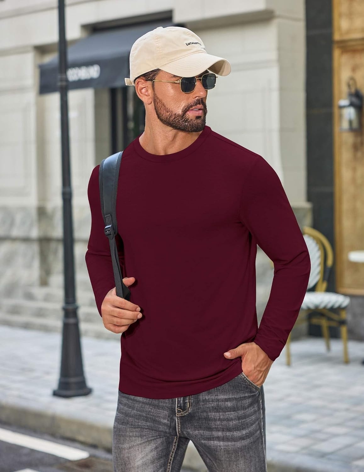 image:imageCOOFANDY Mens T Shirts Long Sleeve Cotton Blend TShirts Casual Crew Neck Soft Basic Tee ShirtsBurgundy