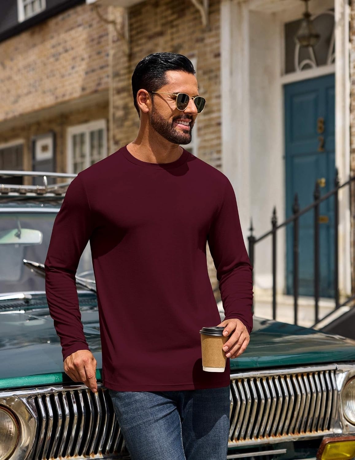 image:imageCOOFANDY Mens T Shirts Long Sleeve Cotton Blend TShirts Casual Crew Neck Soft Basic Tee ShirtsBurgundy