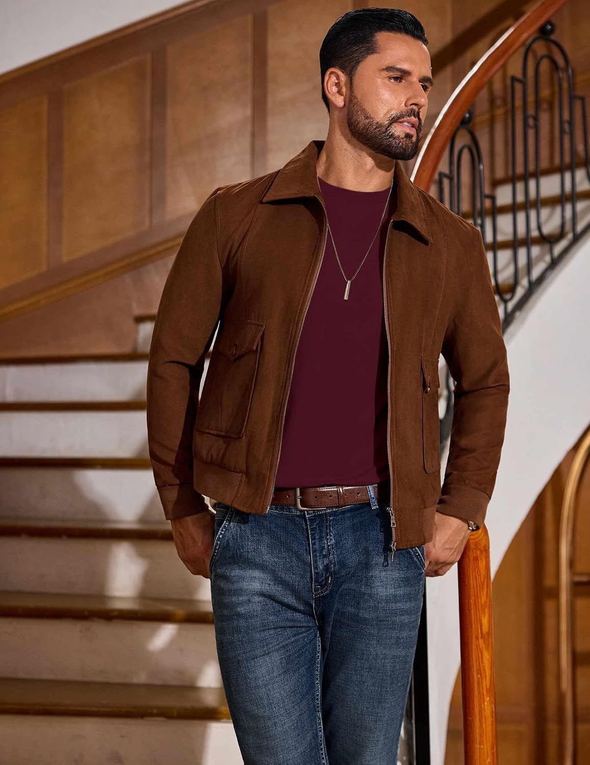 image:imageCOOFANDY Mens T Shirts Long Sleeve Cotton Blend TShirts Casual Crew Neck Soft Basic Tee ShirtsBurgundy