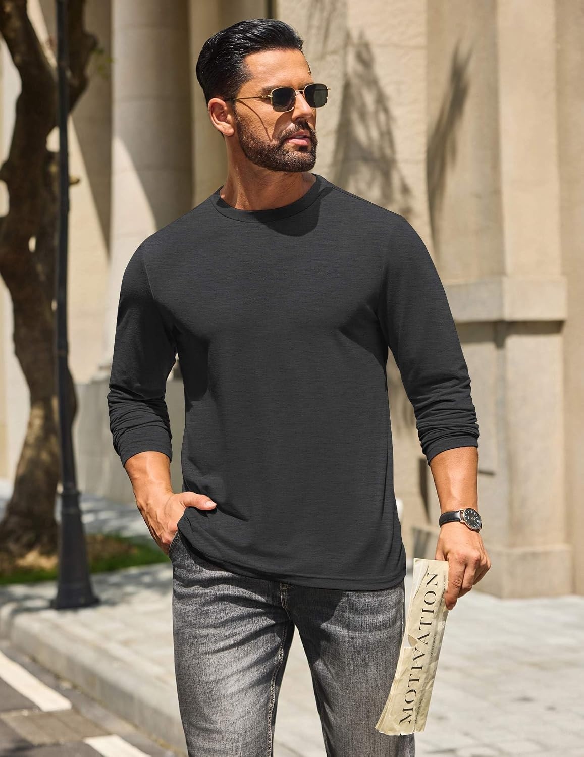 image:imageCOOFANDY Mens T Shirts Long Sleeve Cotton Blend TShirts Casual Crew Neck Soft Basic Tee ShirtsDark Grey