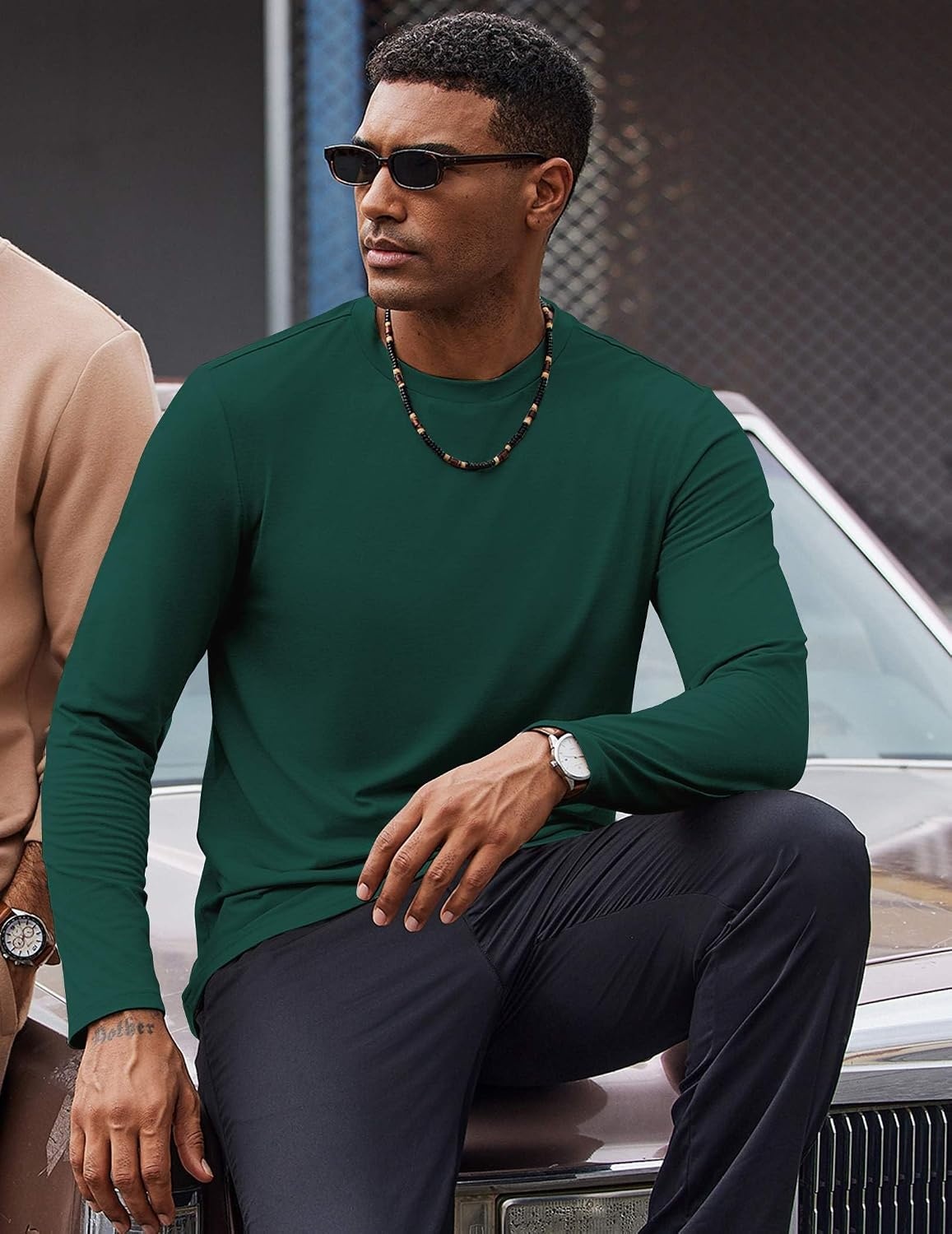 image:imageCOOFANDY Mens T Shirts Long Sleeve Cotton Blend TShirts Casual Crew Neck Soft Basic Tee ShirtsLake Green