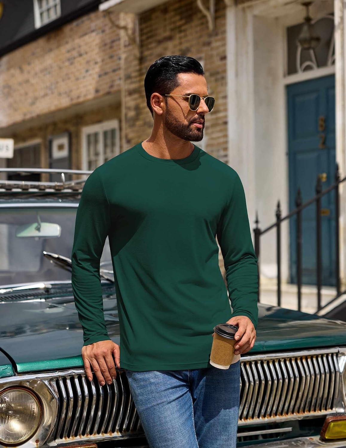 image:imageCOOFANDY Mens T Shirts Long Sleeve Cotton Blend TShirts Casual Crew Neck Soft Basic Tee ShirtsLake Green