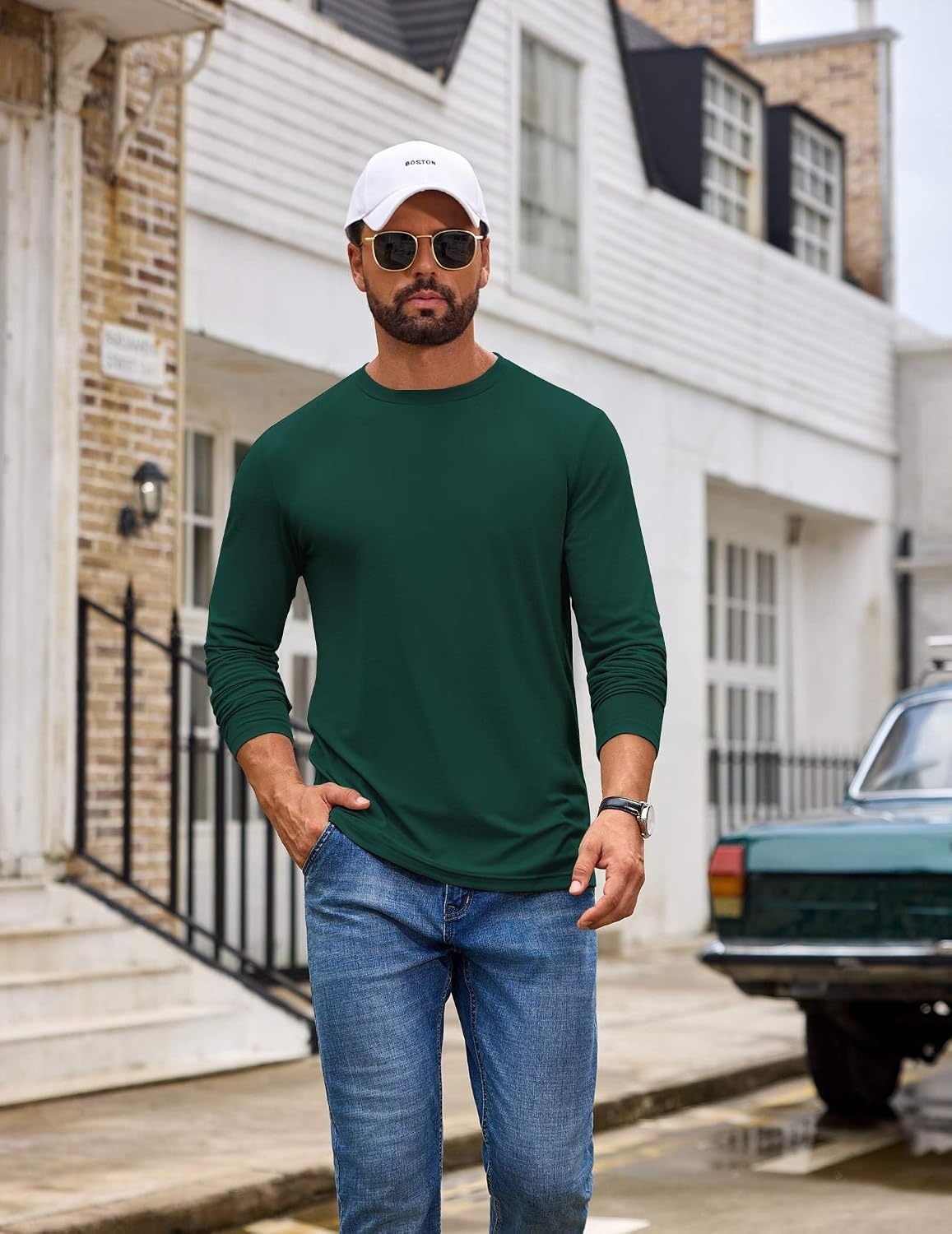 image:imageCOOFANDY Mens T Shirts Long Sleeve Cotton Blend TShirts Casual Crew Neck Soft Basic Tee ShirtsLake Green