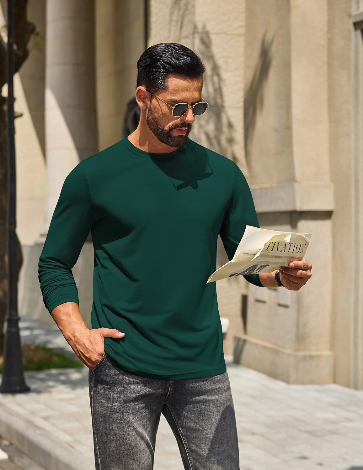 image:imageCOOFANDY Mens T Shirts Long Sleeve Cotton Blend TShirts Casual Crew Neck Soft Basic Tee ShirtsLake Green