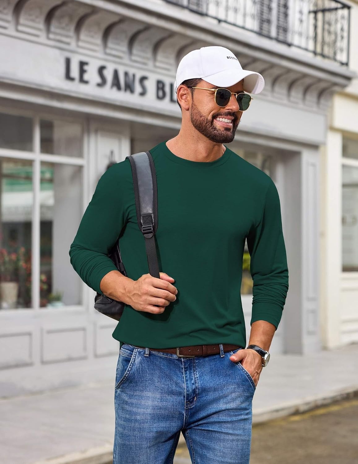 image:imageCOOFANDY Mens T Shirts Long Sleeve Cotton Blend TShirts Casual Crew Neck Soft Basic Tee ShirtsLake Green