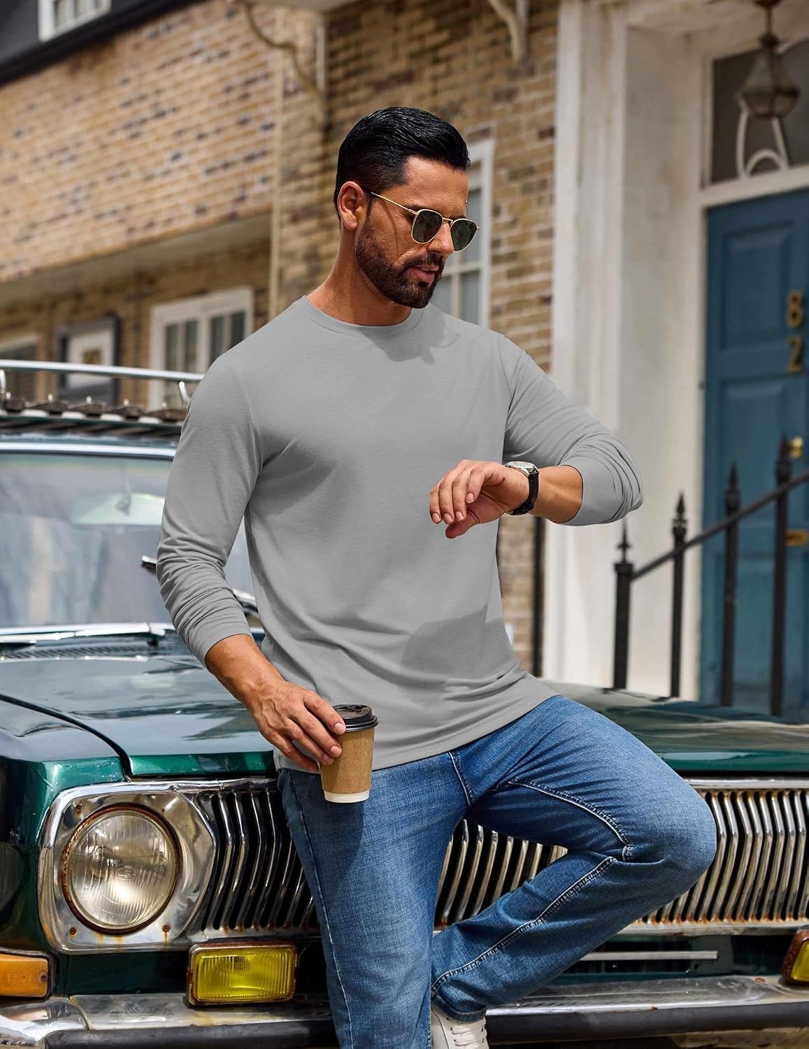 image:imageCOOFANDY Mens T Shirts Long Sleeve Cotton Blend TShirts Casual Crew Neck Soft Basic Tee ShirtsLight Gray