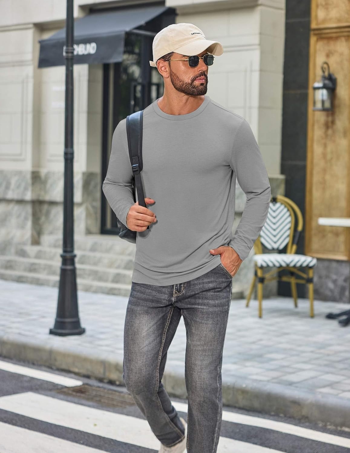 image:imageCOOFANDY Mens T Shirts Long Sleeve Cotton Blend TShirts Casual Crew Neck Soft Basic Tee ShirtsLight Gray