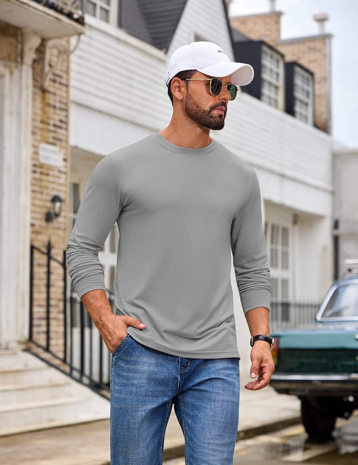 image:imageCOOFANDY Mens T Shirts Long Sleeve Cotton Blend TShirts Casual Crew Neck Soft Basic Tee ShirtsLight Gray