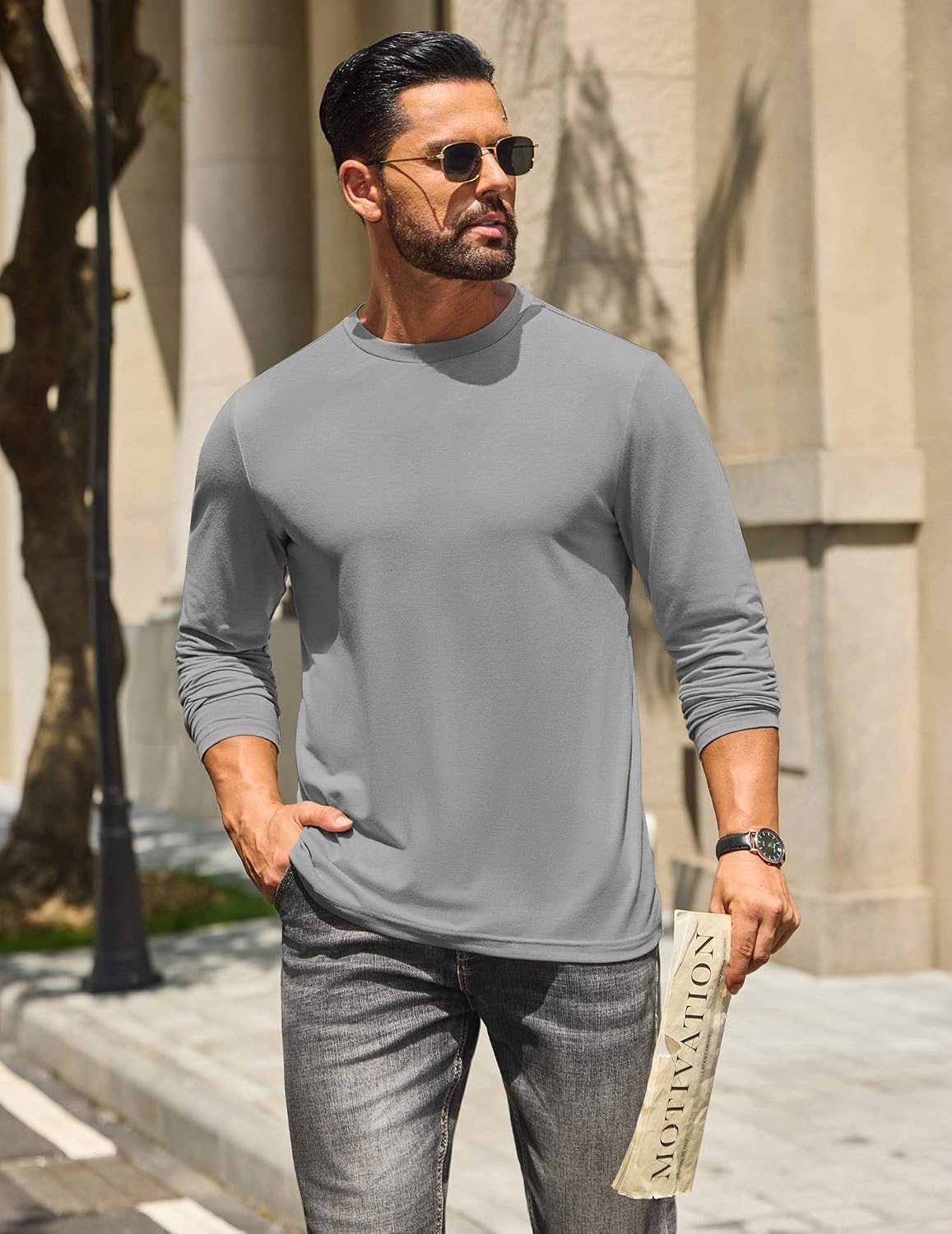image:imageCOOFANDY Mens T Shirts Long Sleeve Cotton Blend TShirts Casual Crew Neck Soft Basic Tee ShirtsLight Gray