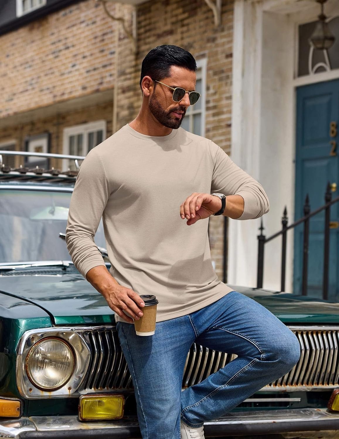image:imageCOOFANDY Mens T Shirts Long Sleeve Cotton Blend TShirts Casual Crew Neck Soft Basic Tee ShirtsLight Khaki