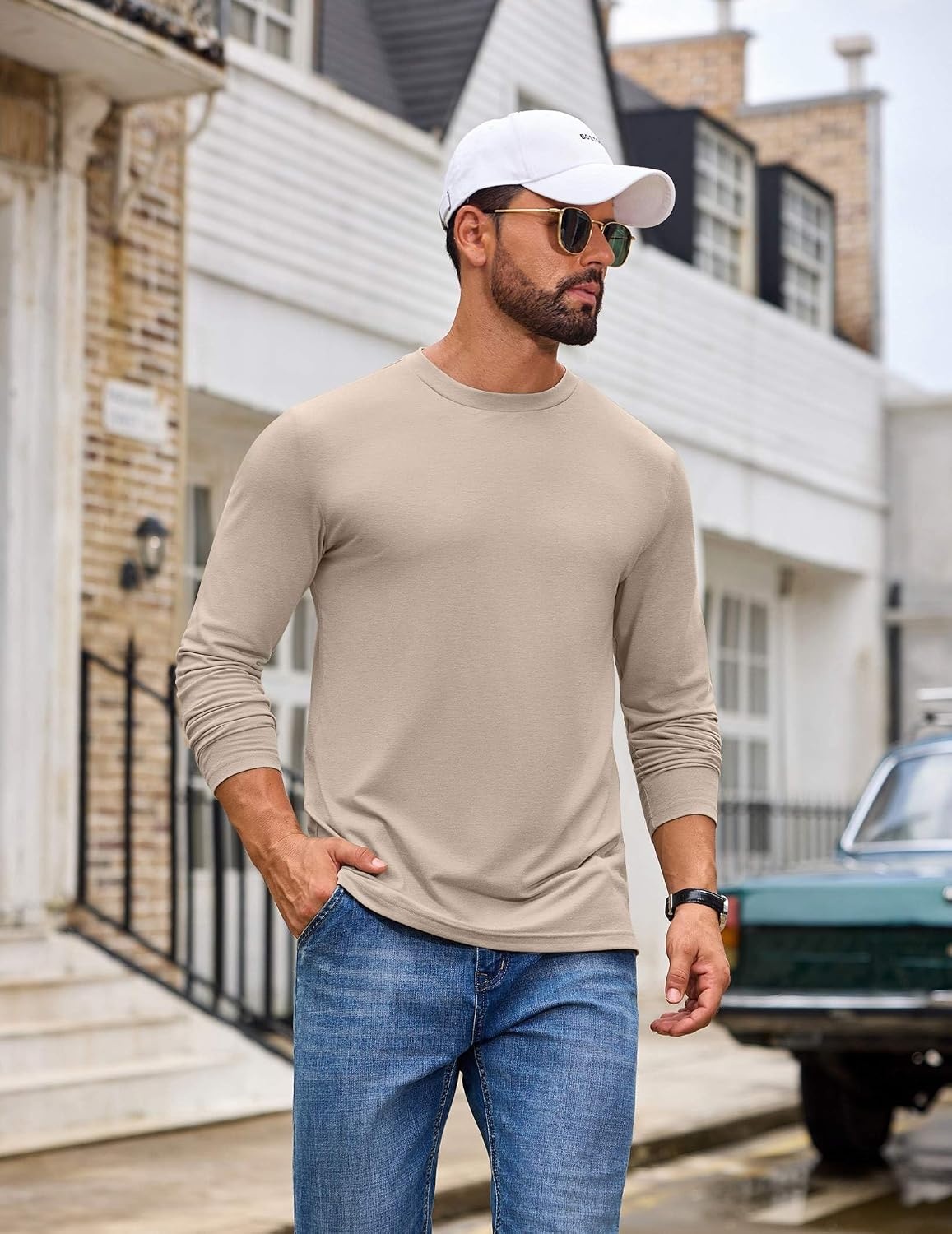 image:imageCOOFANDY Mens T Shirts Long Sleeve Cotton Blend TShirts Casual Crew Neck Soft Basic Tee ShirtsLight Khaki