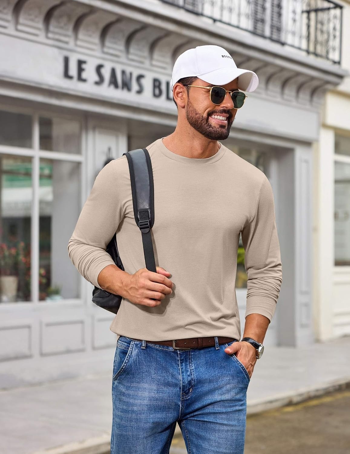image:imageCOOFANDY Mens T Shirts Long Sleeve Cotton Blend TShirts Casual Crew Neck Soft Basic Tee ShirtsLight Khaki
