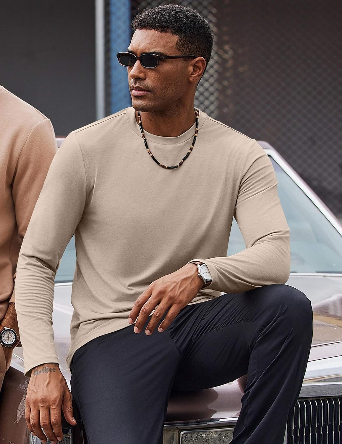 image:imageCOOFANDY Mens T Shirts Long Sleeve Cotton Blend TShirts Casual Crew Neck Soft Basic Tee ShirtsLight Khaki