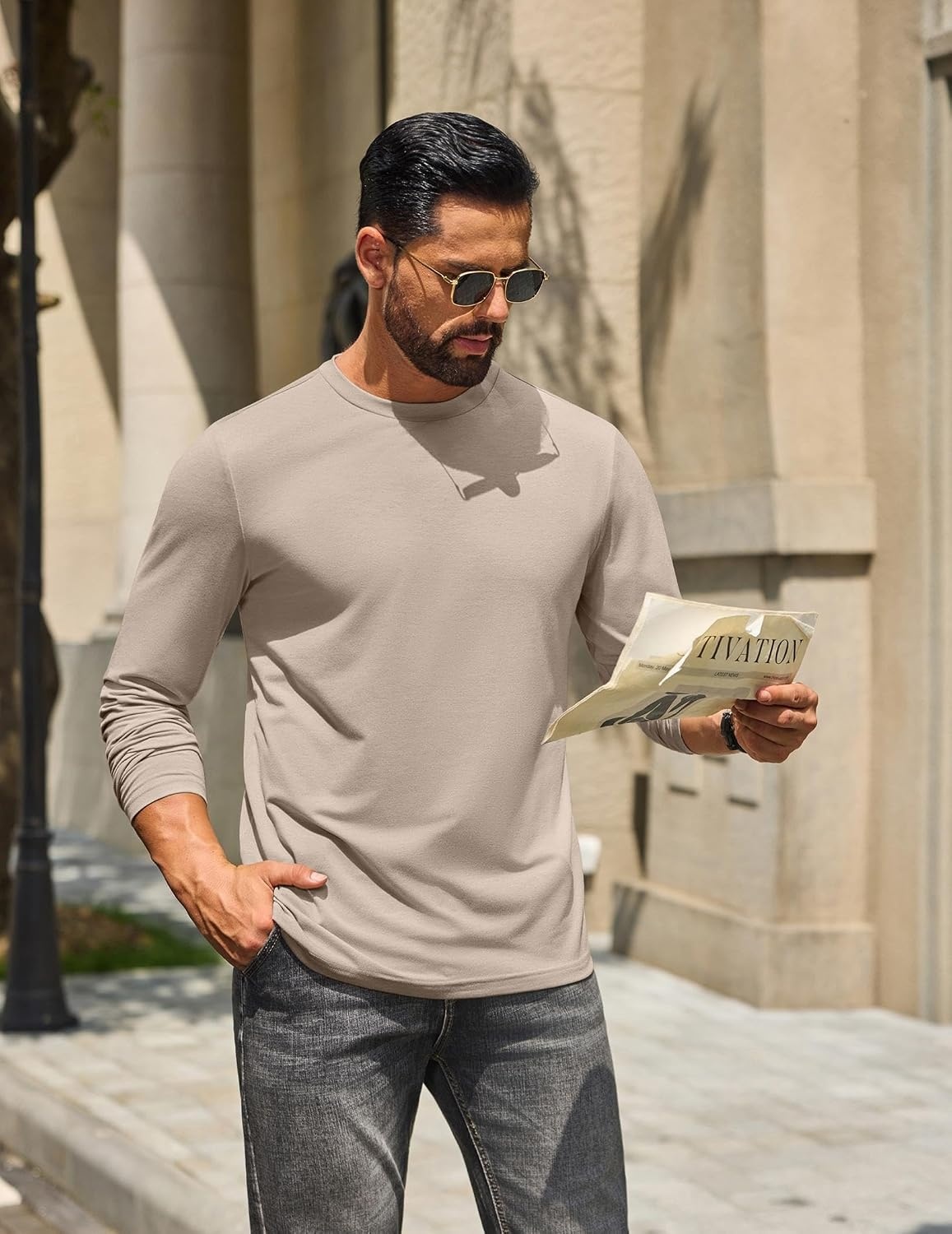 image:imageCOOFANDY Mens T Shirts Long Sleeve Cotton Blend TShirts Casual Crew Neck Soft Basic Tee ShirtsLight Khaki