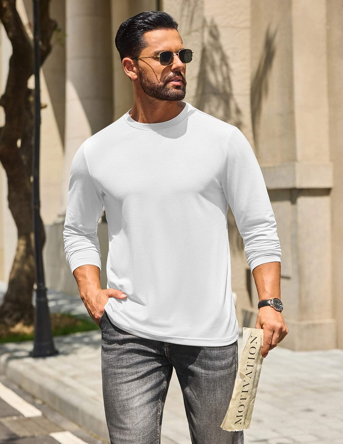 image:imageCOOFANDY Mens T Shirts Long Sleeve Cotton Blend TShirts Casual Crew Neck Soft Basic Tee ShirtsWhite
