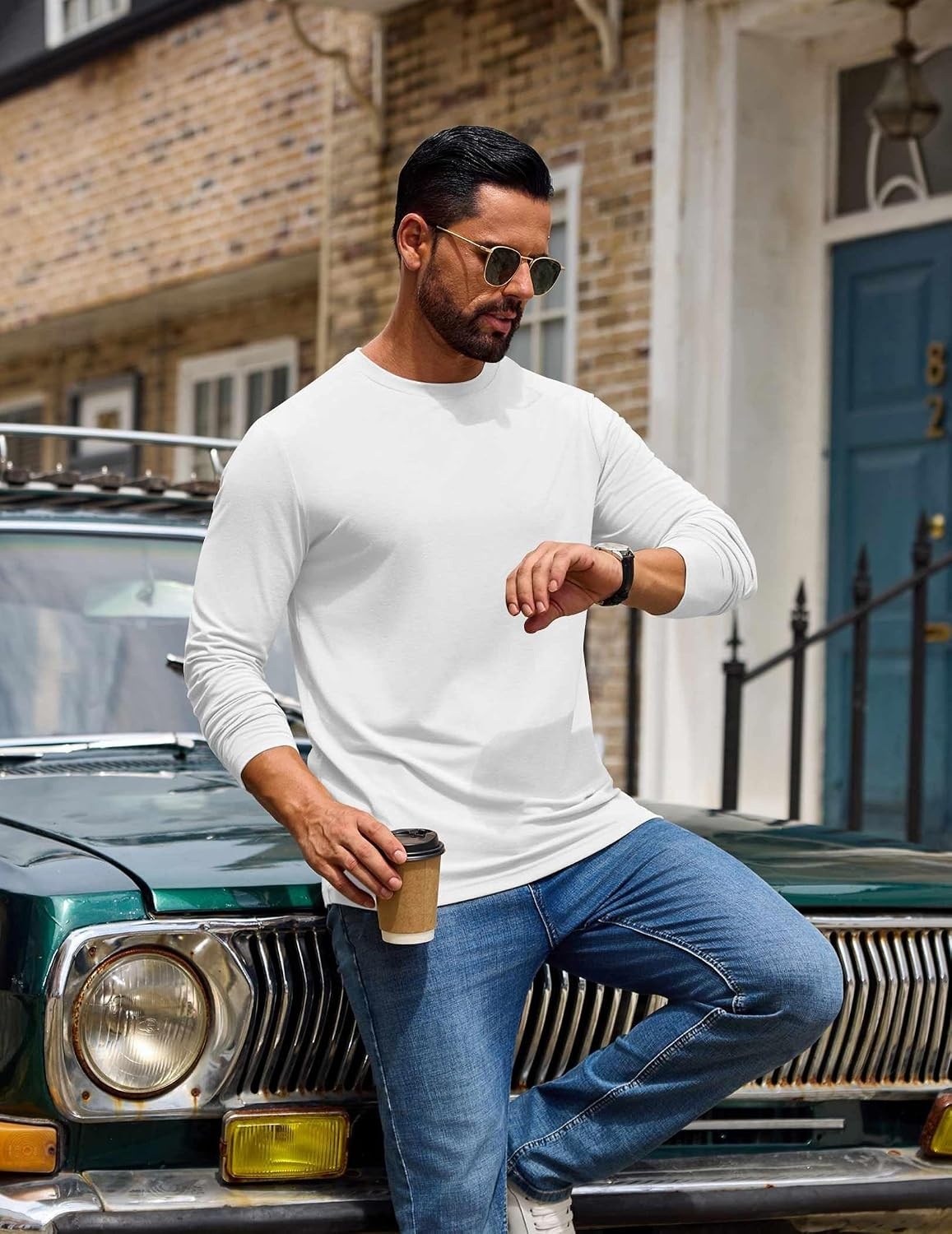 image:imageCOOFANDY Mens T Shirts Long Sleeve Cotton Blend TShirts Casual Crew Neck Soft Basic Tee ShirtsWhite