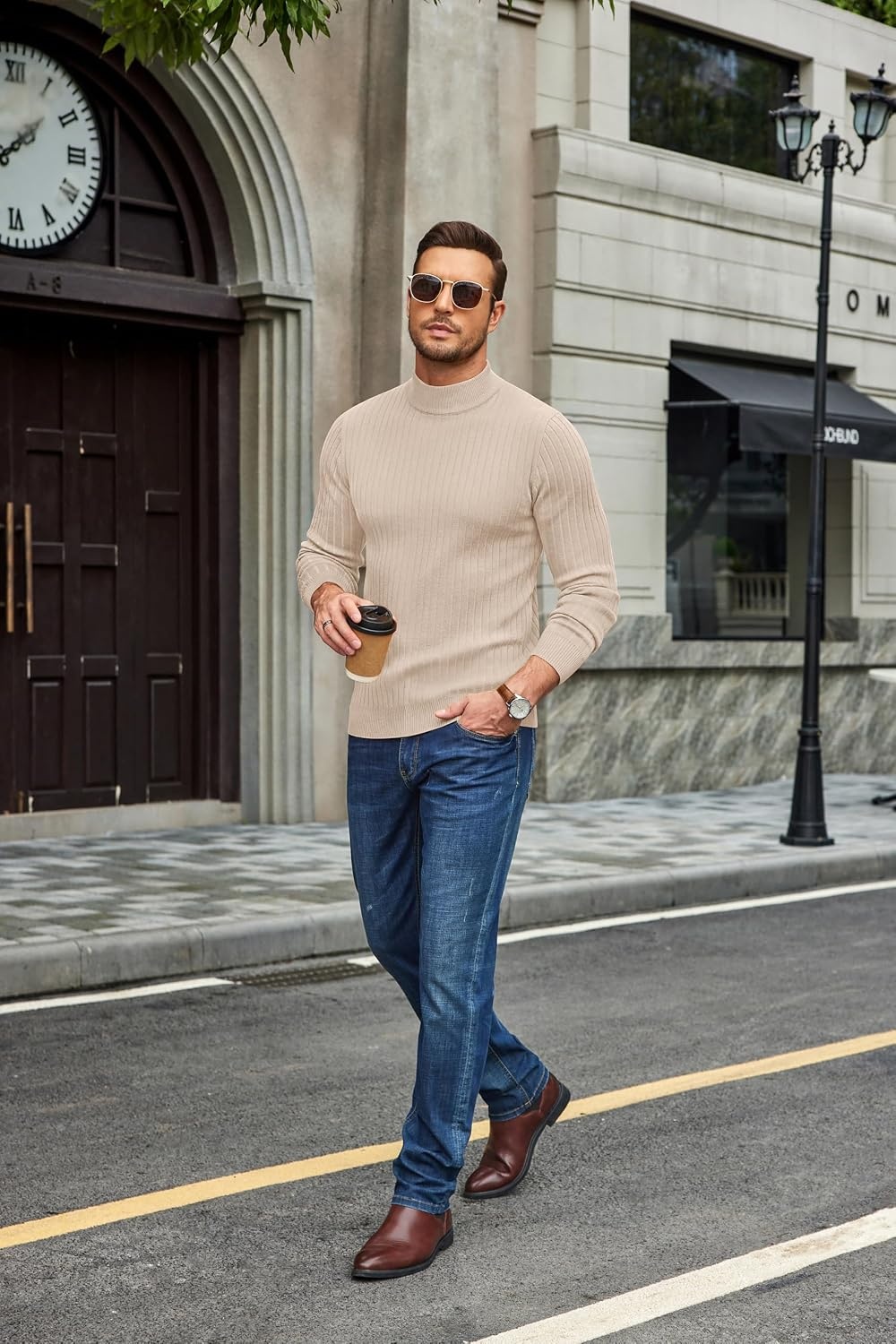 image:imageCOOFANDY Mens Turtleneck Sweater Mock Neck Knitted Ribbed Pullover SweaterBeige
