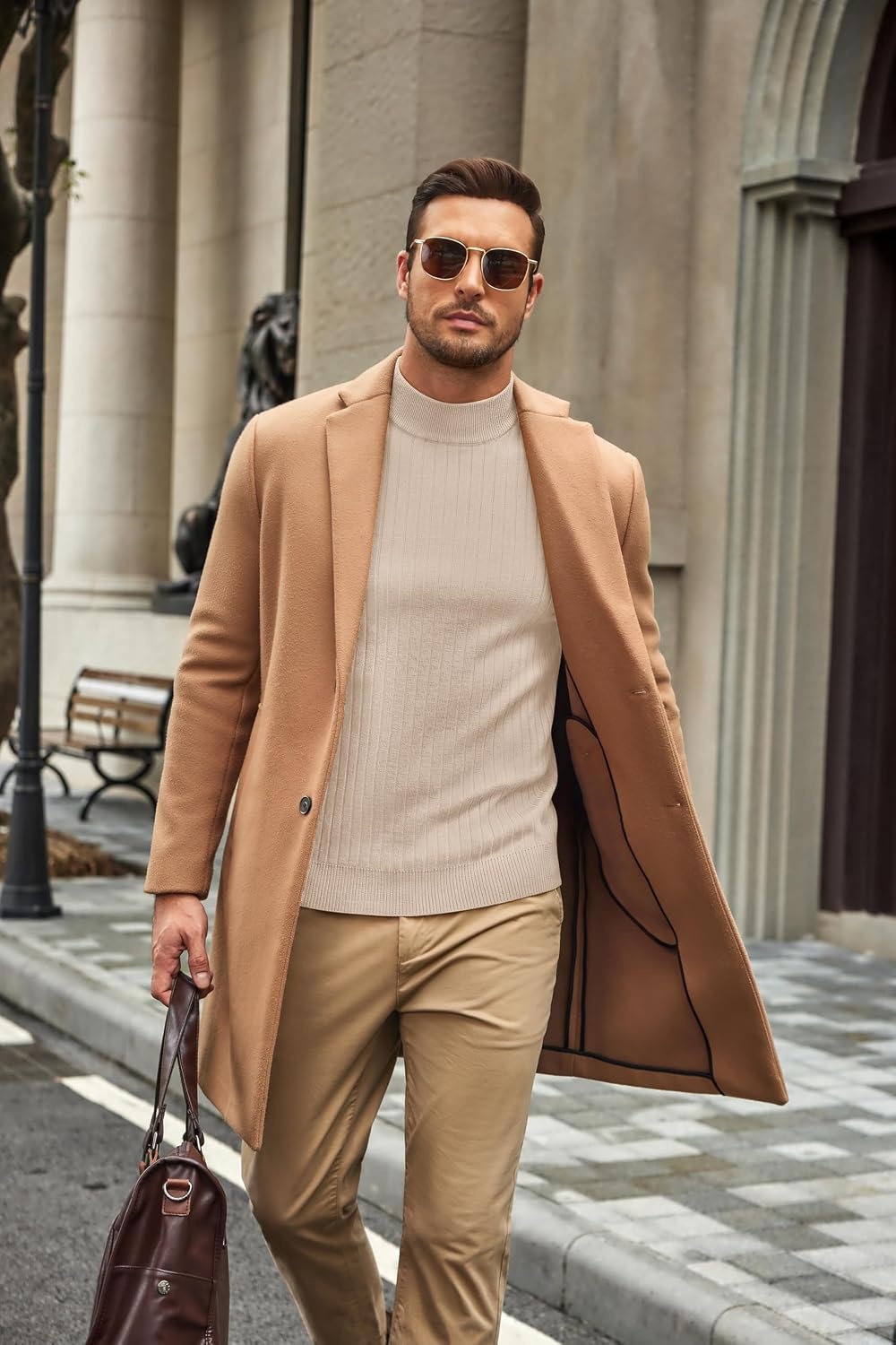 image:imageCOOFANDY Mens Turtleneck Sweater Mock Neck Knitted Ribbed Pullover SweaterBeige