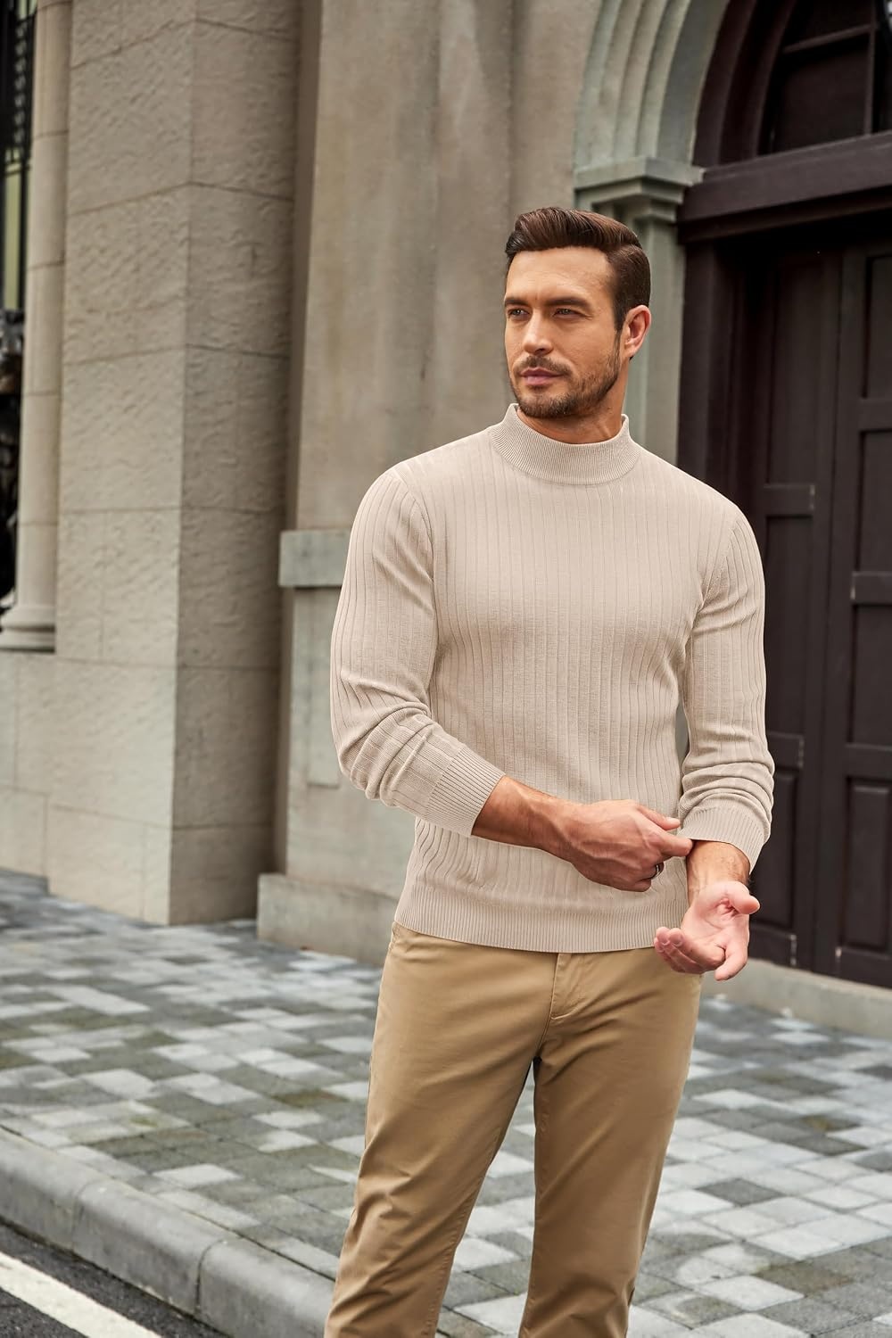 image:imageCOOFANDY Mens Turtleneck Sweater Mock Neck Knitted Ribbed Pullover SweaterBeige