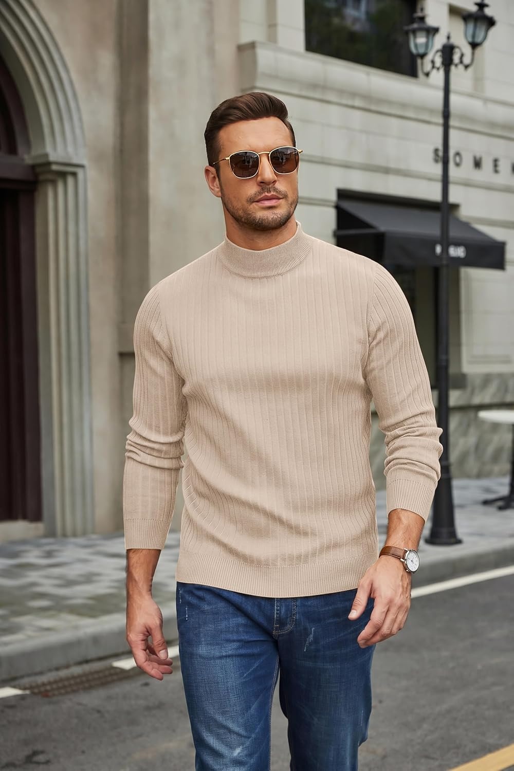image:imageCOOFANDY Mens Turtleneck Sweater Mock Neck Knitted Ribbed Pullover SweaterBeige