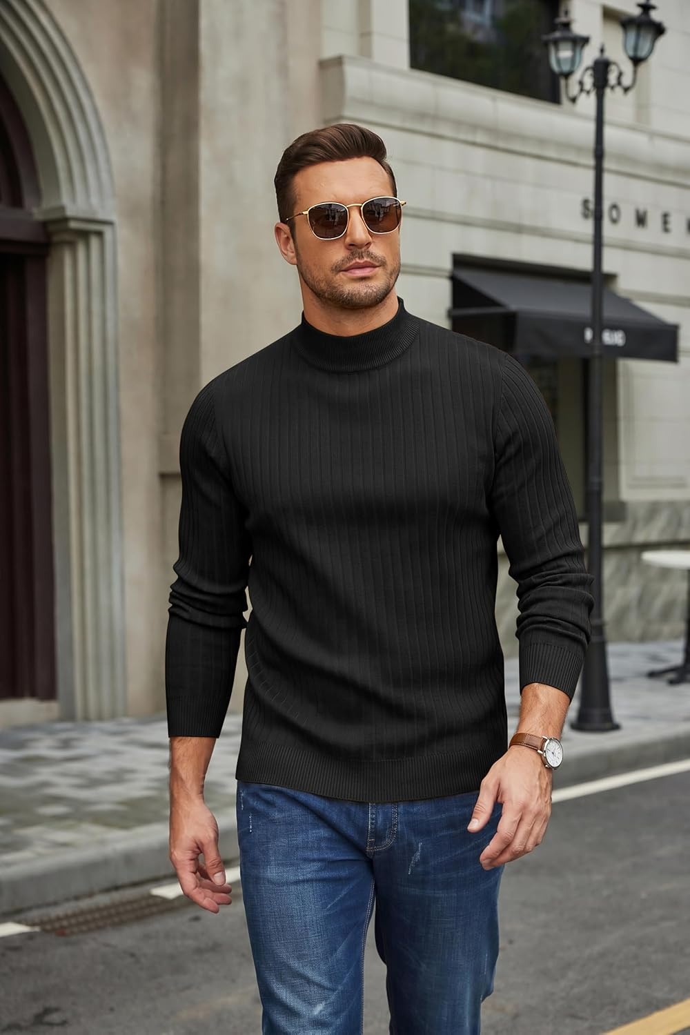 image:imageCOOFANDY Mens Turtleneck Sweater Mock Neck Knitted Ribbed Pullover SweaterBlack