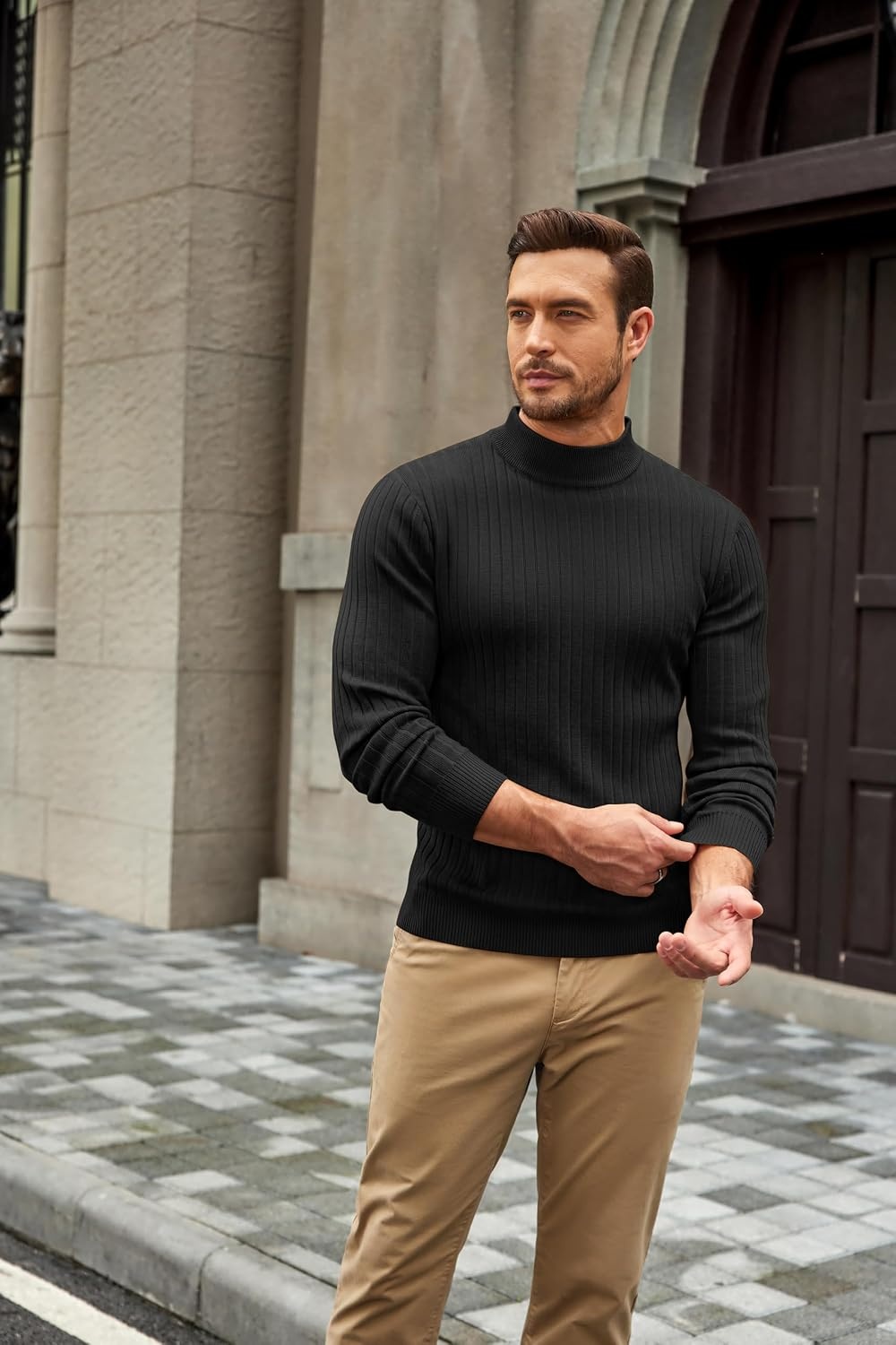 image:imageCOOFANDY Mens Turtleneck Sweater Mock Neck Knitted Ribbed Pullover SweaterBlack