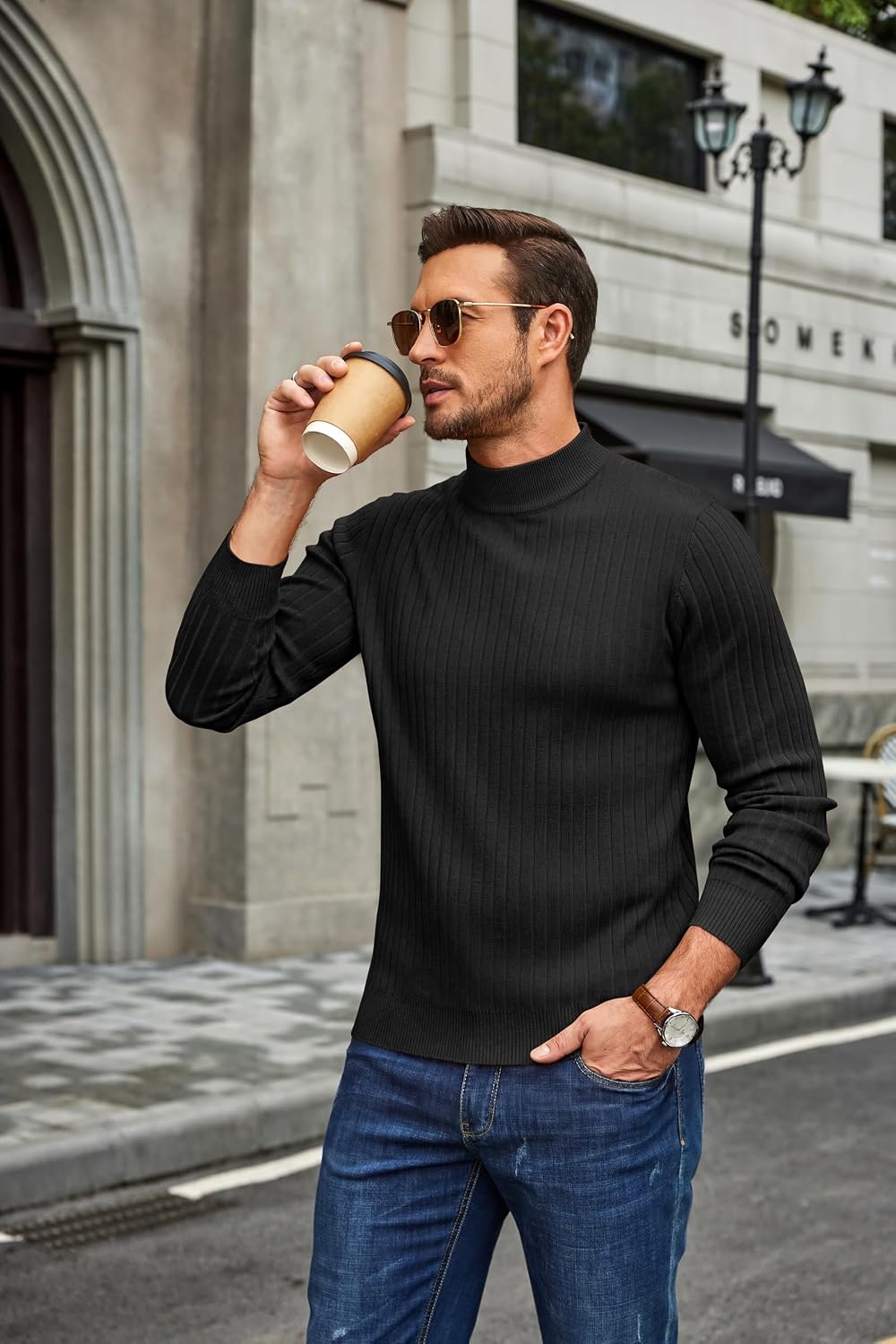 image:imageCOOFANDY Mens Turtleneck Sweater Mock Neck Knitted Ribbed Pullover SweaterBlack