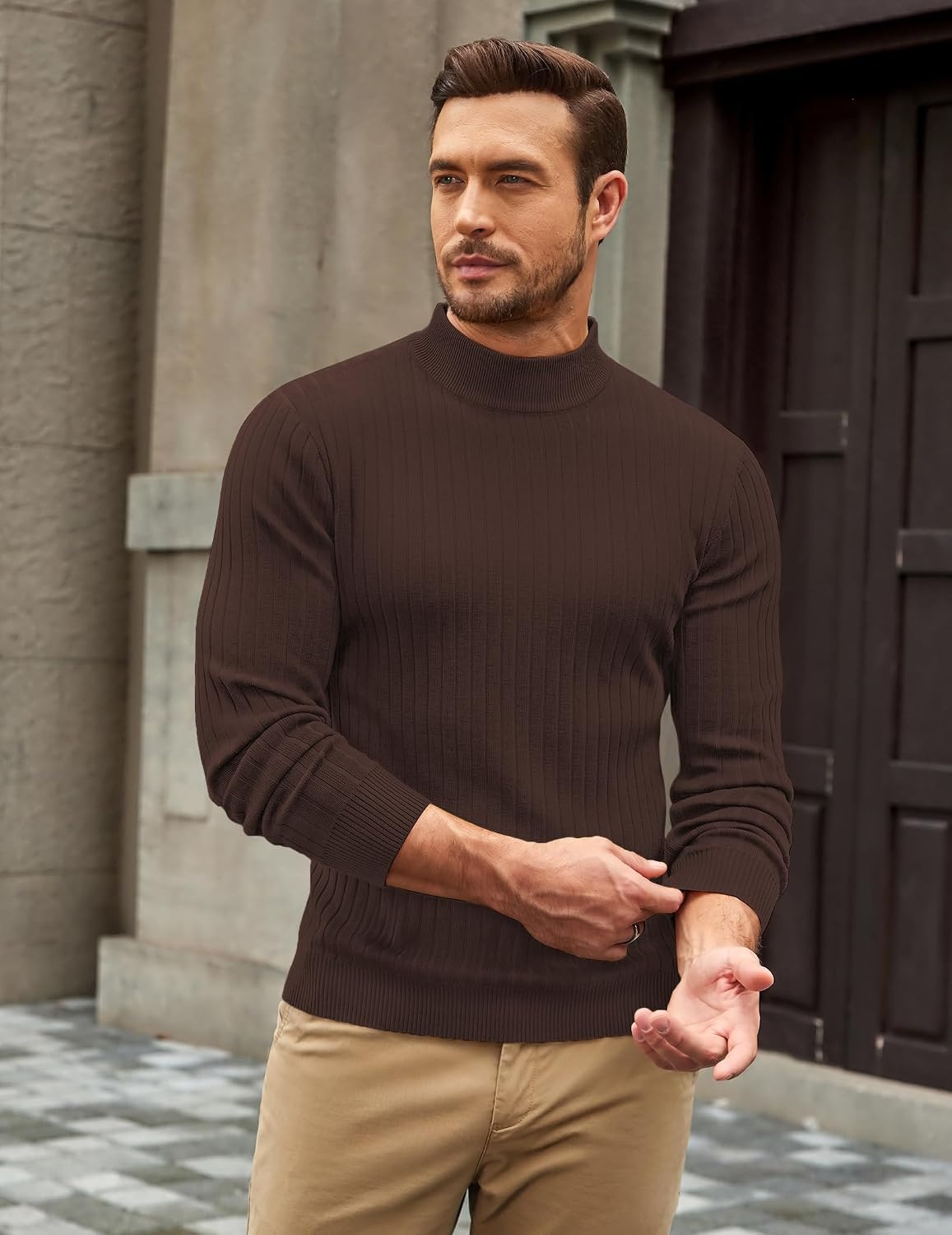 image:imageCOOFANDY Mens Turtleneck Sweater Mock Neck Knitted Ribbed Pullover SweaterBrown