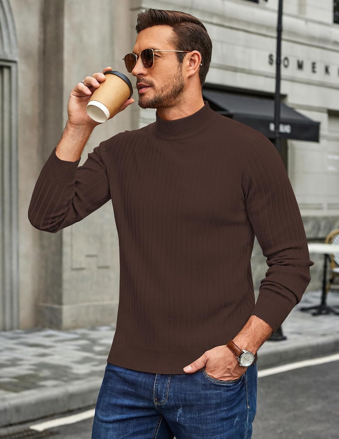 image:imageCOOFANDY Mens Turtleneck Sweater Mock Neck Knitted Ribbed Pullover SweaterBrown