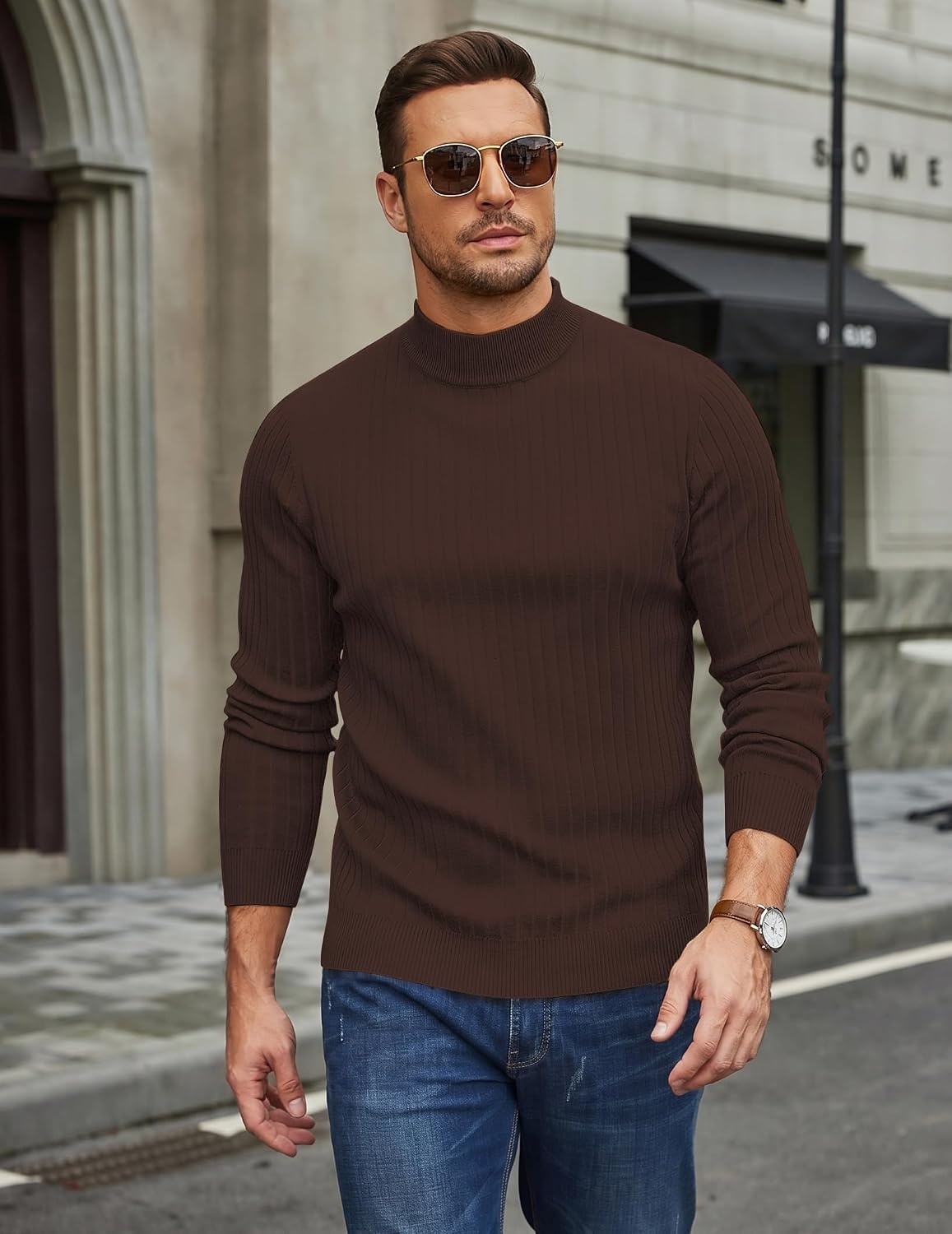 image:imageCOOFANDY Mens Turtleneck Sweater Mock Neck Knitted Ribbed Pullover SweaterBrown