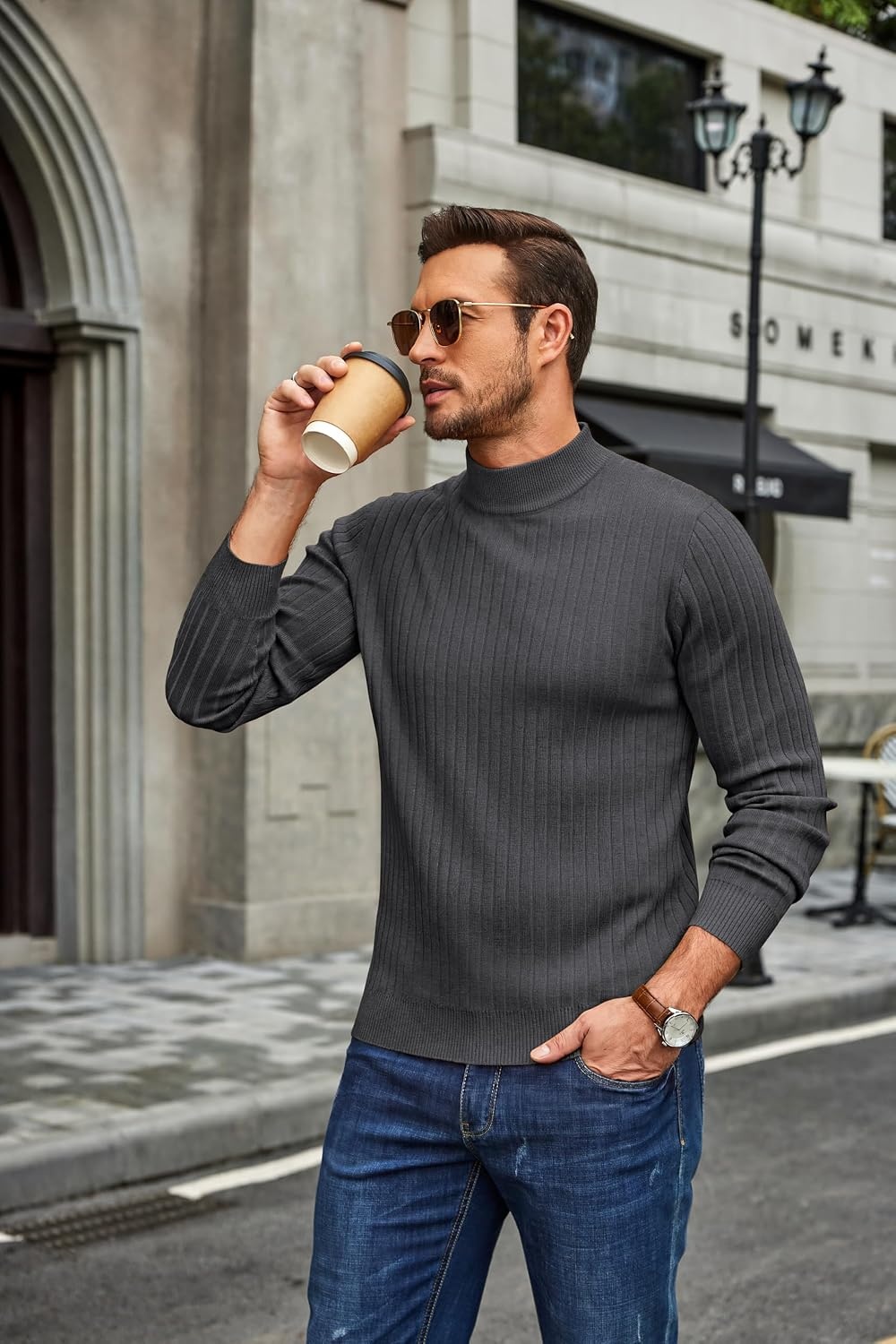 image:imageCOOFANDY Mens Turtleneck Sweater Mock Neck Knitted Ribbed Pullover SweaterDark Grey