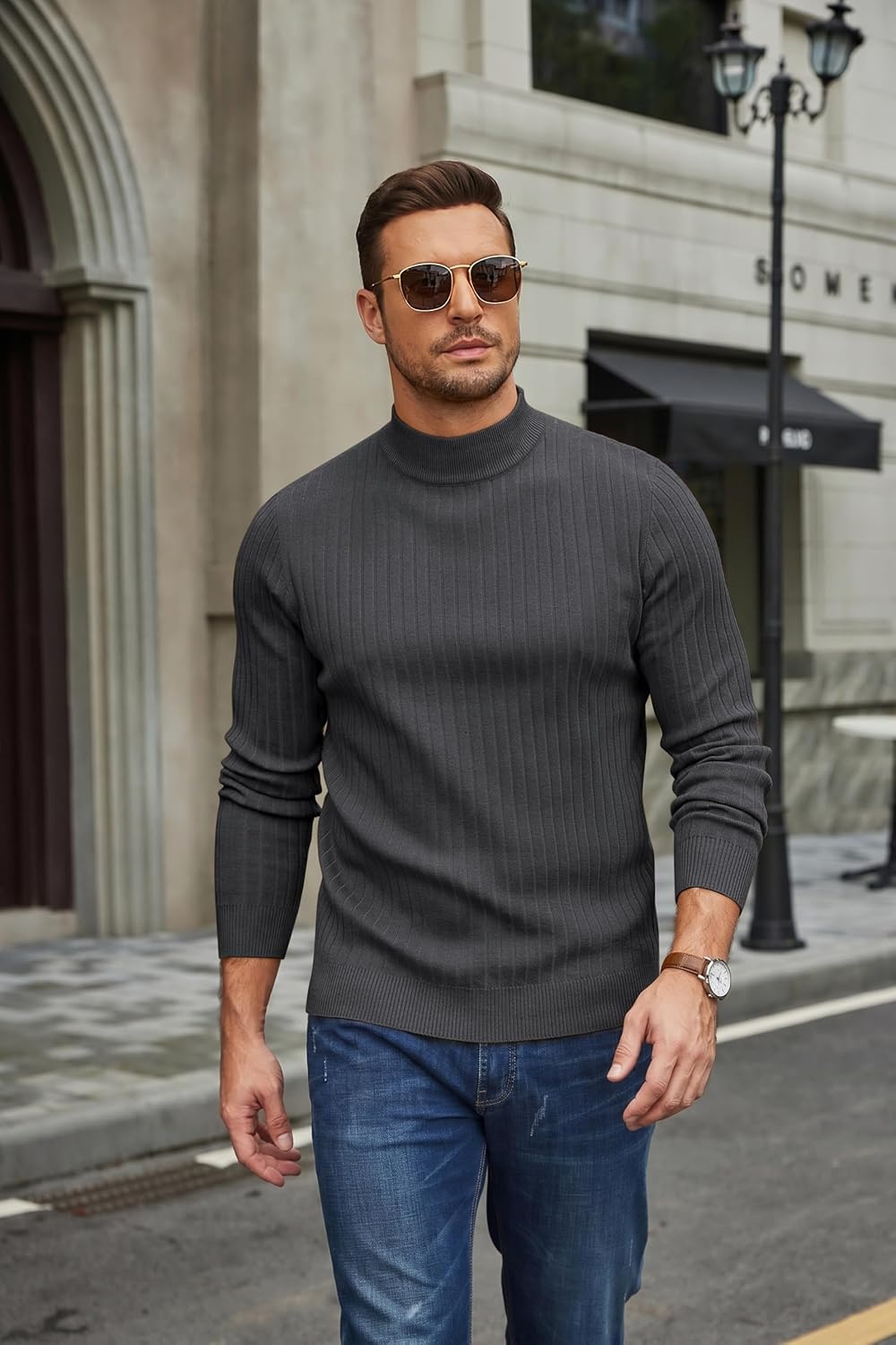 image:imageCOOFANDY Mens Turtleneck Sweater Mock Neck Knitted Ribbed Pullover SweaterDark Grey