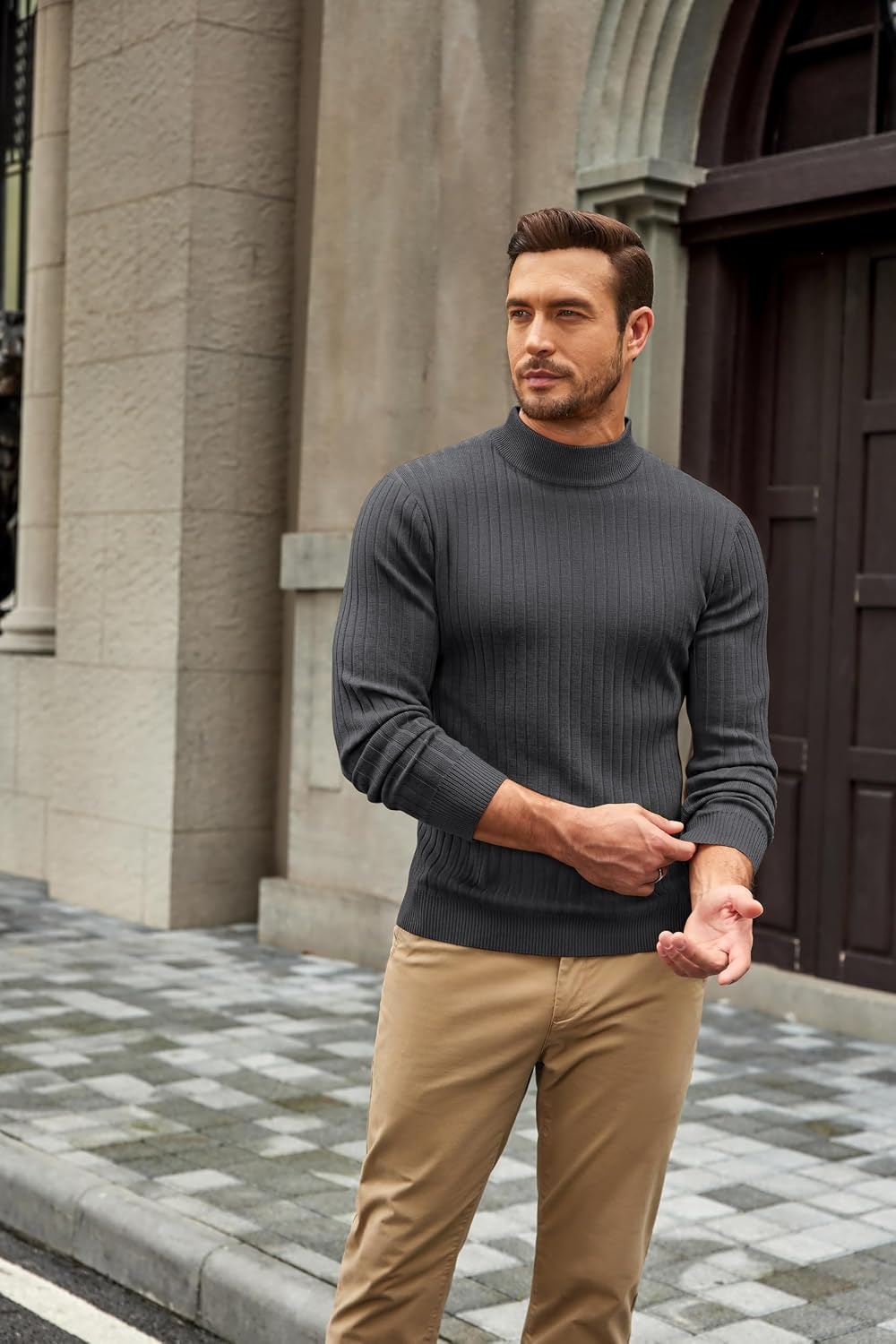 image:imageCOOFANDY Mens Turtleneck Sweater Mock Neck Knitted Ribbed Pullover SweaterDark Grey