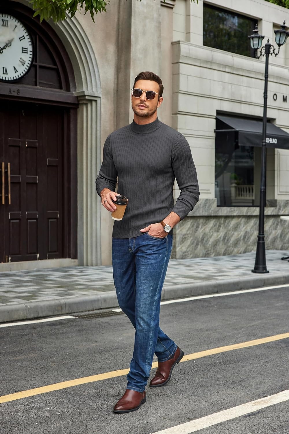 image:imageCOOFANDY Mens Turtleneck Sweater Mock Neck Knitted Ribbed Pullover SweaterDark Grey