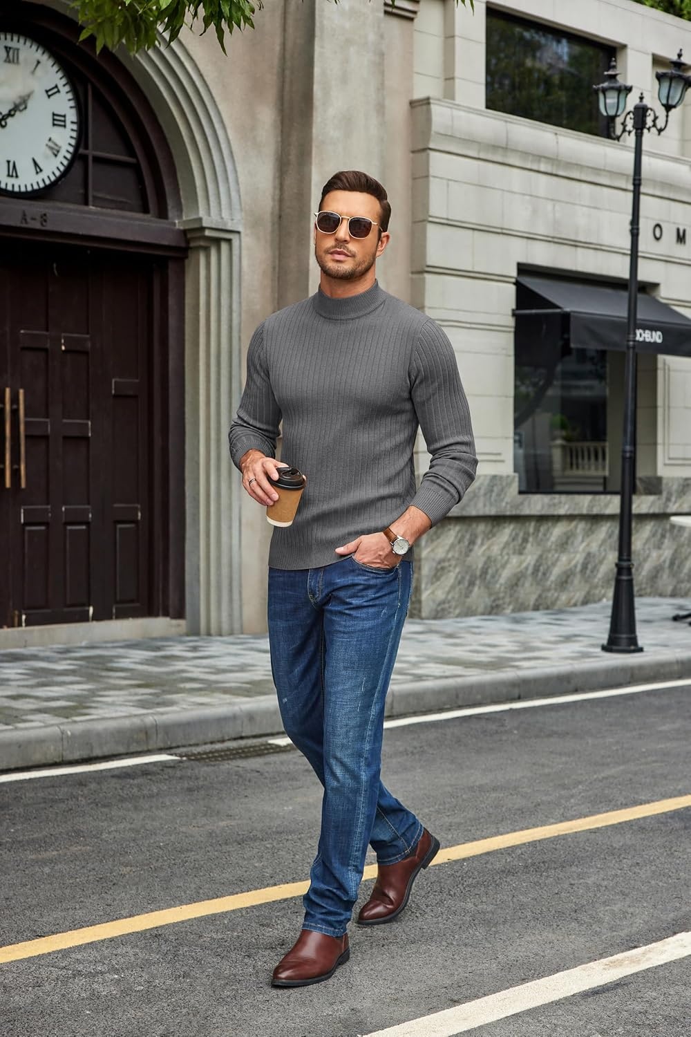 image:imageCOOFANDY Mens Turtleneck Sweater Mock Neck Knitted Ribbed Pullover SweaterGrey