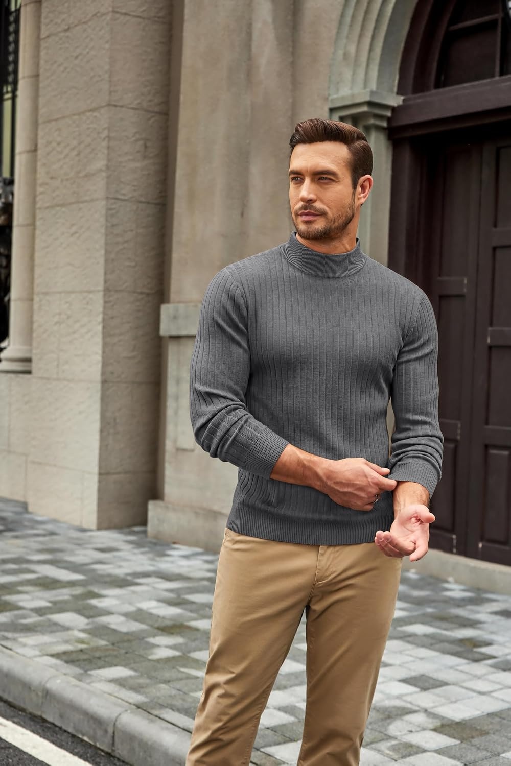 image:imageCOOFANDY Mens Turtleneck Sweater Mock Neck Knitted Ribbed Pullover SweaterGrey