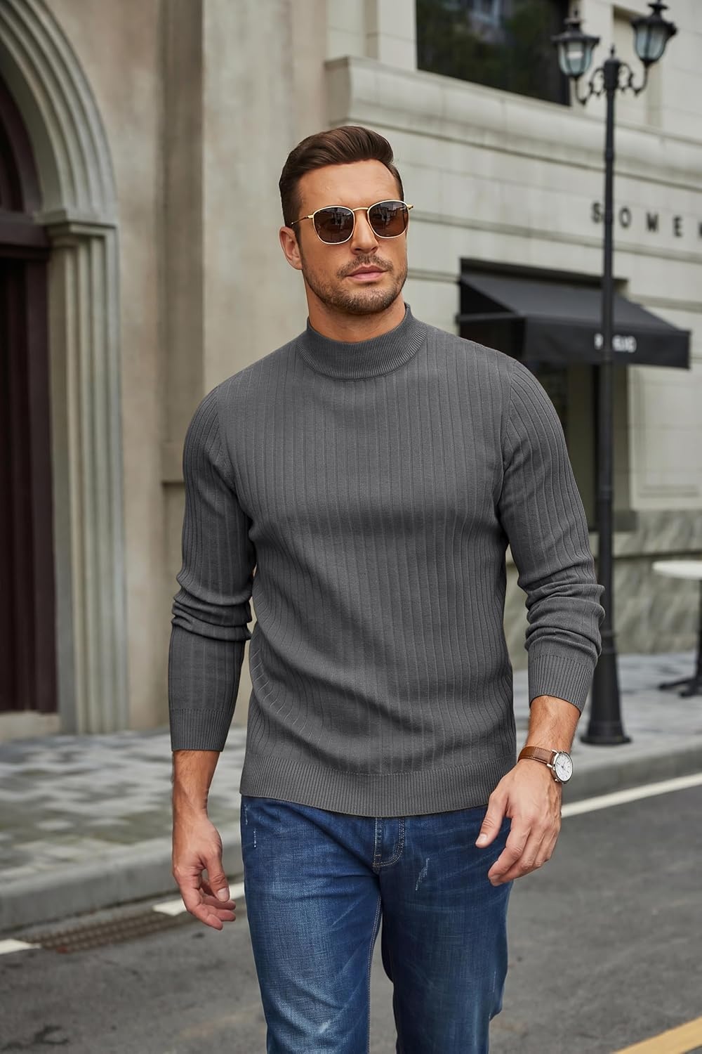 image:imageCOOFANDY Mens Turtleneck Sweater Mock Neck Knitted Ribbed Pullover SweaterGrey