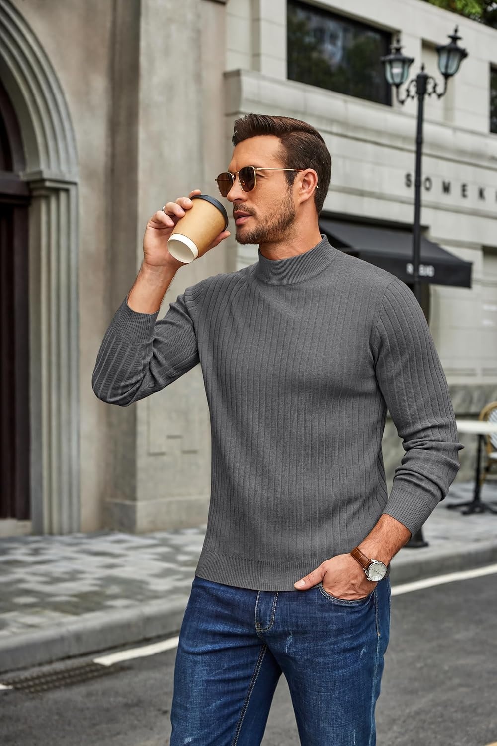 image:imageCOOFANDY Mens Turtleneck Sweater Mock Neck Knitted Ribbed Pullover SweaterGrey